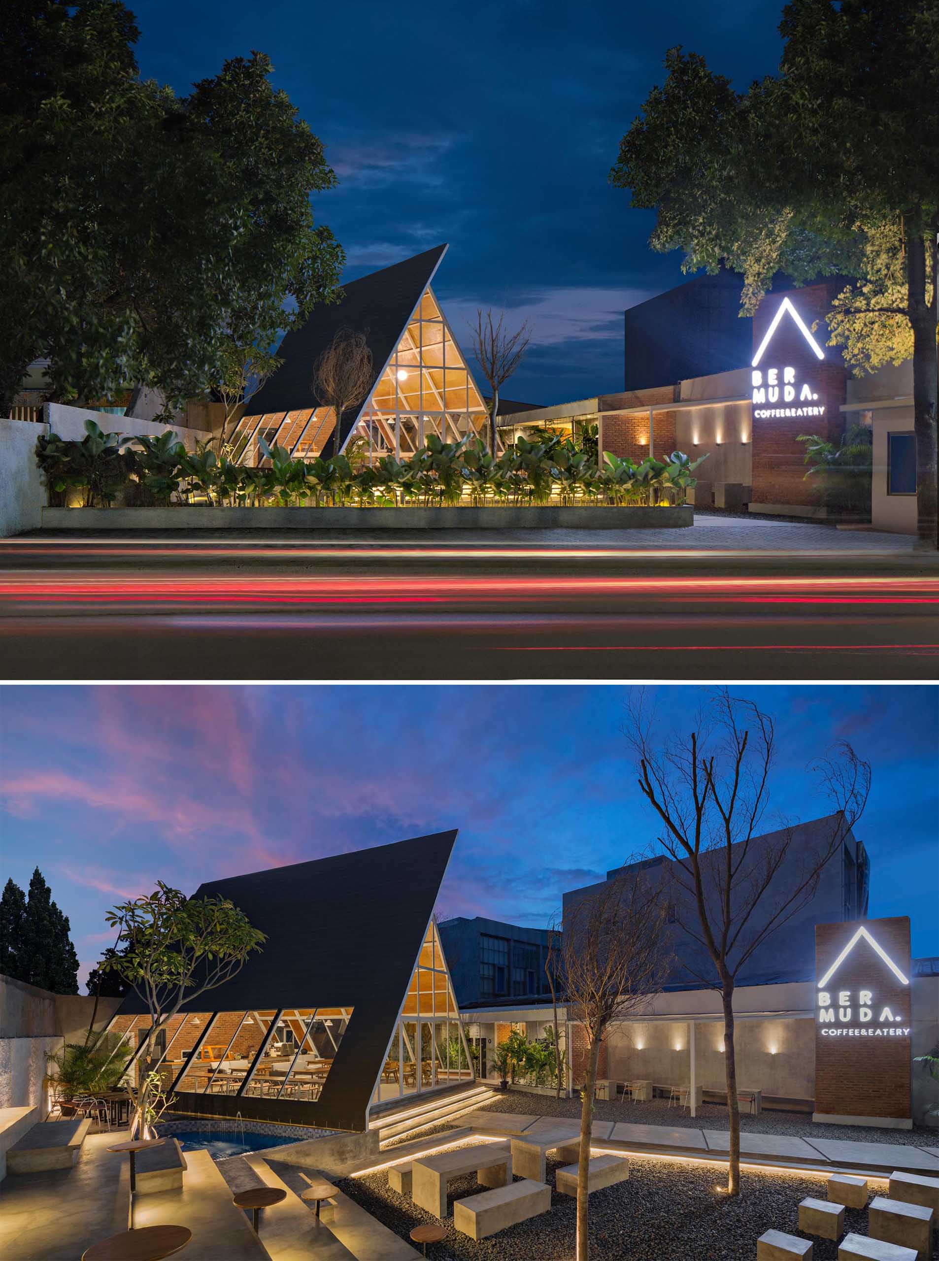 A modern A-frame coffee shop design with an exposed structure, a wall of windows, and wood detailing.