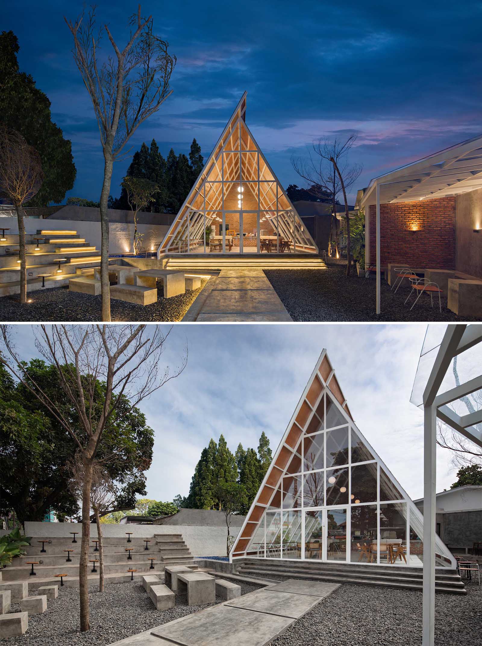 A modern A-frame coffee shop design with an exposed structure, a wall of windows, and wood detailing.