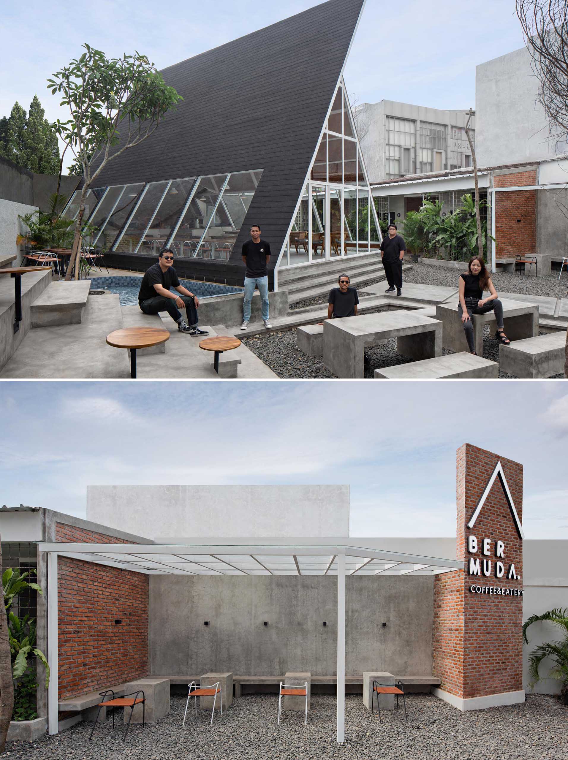 A modern A-frame coffee shop design with an exposed structure, a wall of windows, and wood detailing.