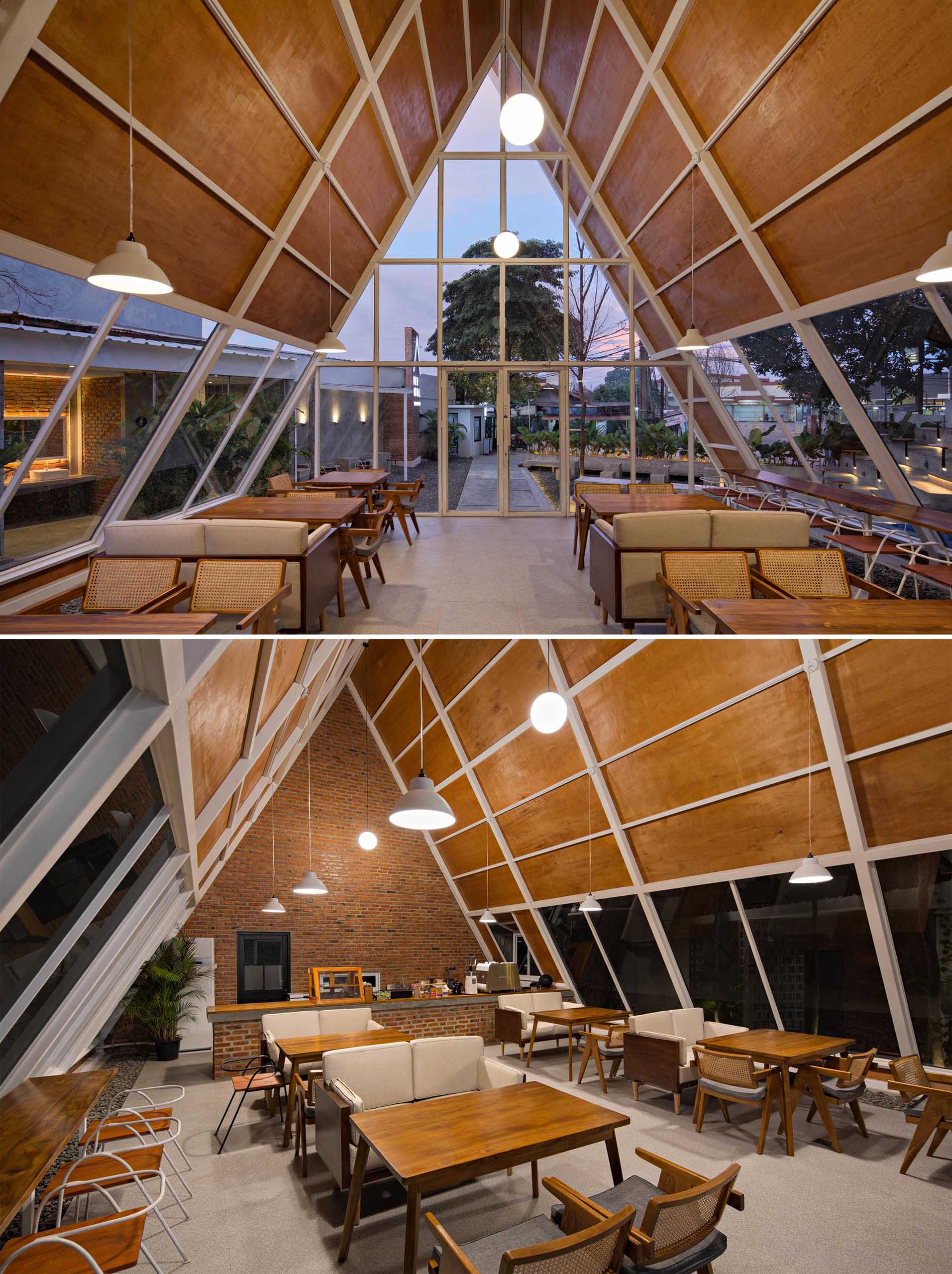 A modern A-frame coffee shop design with an exposed structure, a wall of windows, and wood detailing.