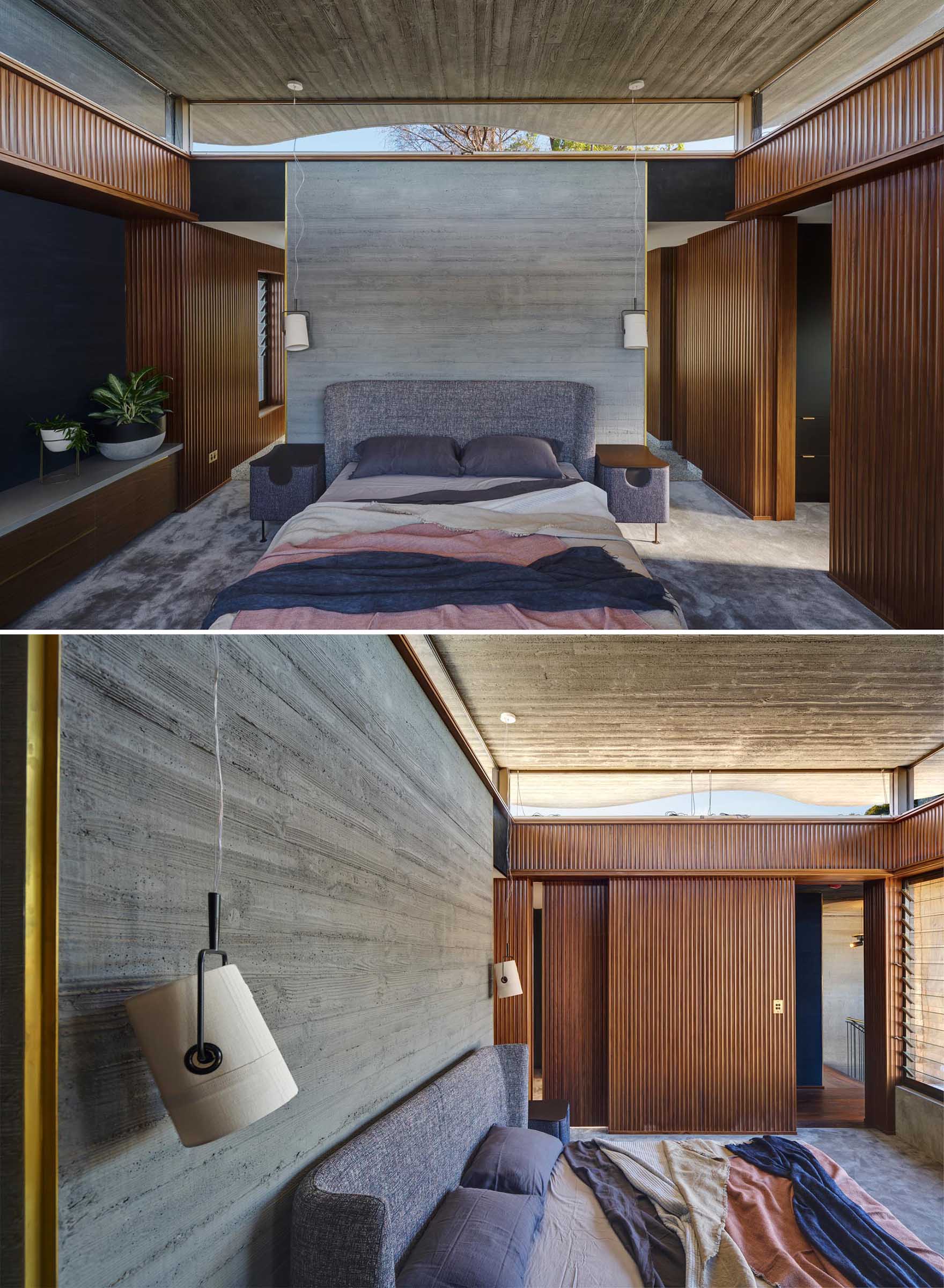A modern bedroom with board formed concrete walls.