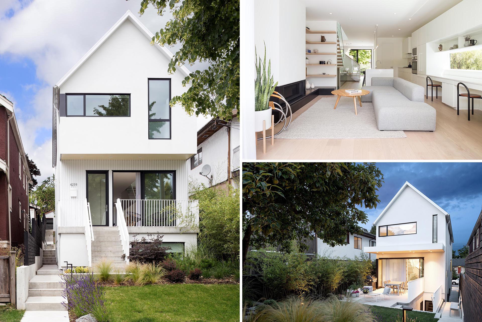 This modern home is clad in a white painted smooth stucco with a metal standing seam roof.