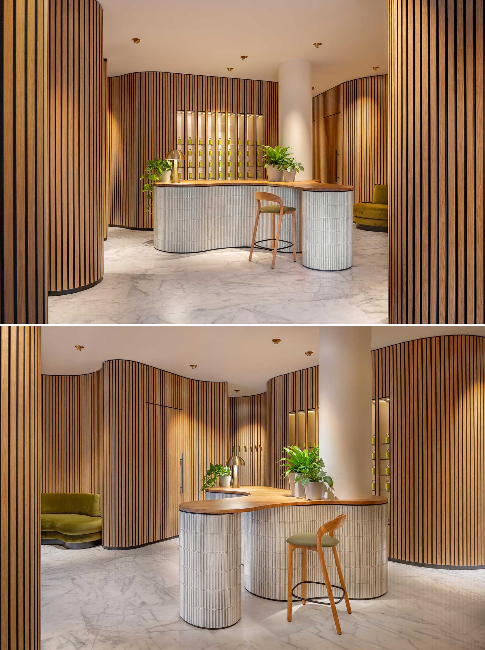 A modern massage boutique with curved wood walls that create a sense of calm and relaxing.
