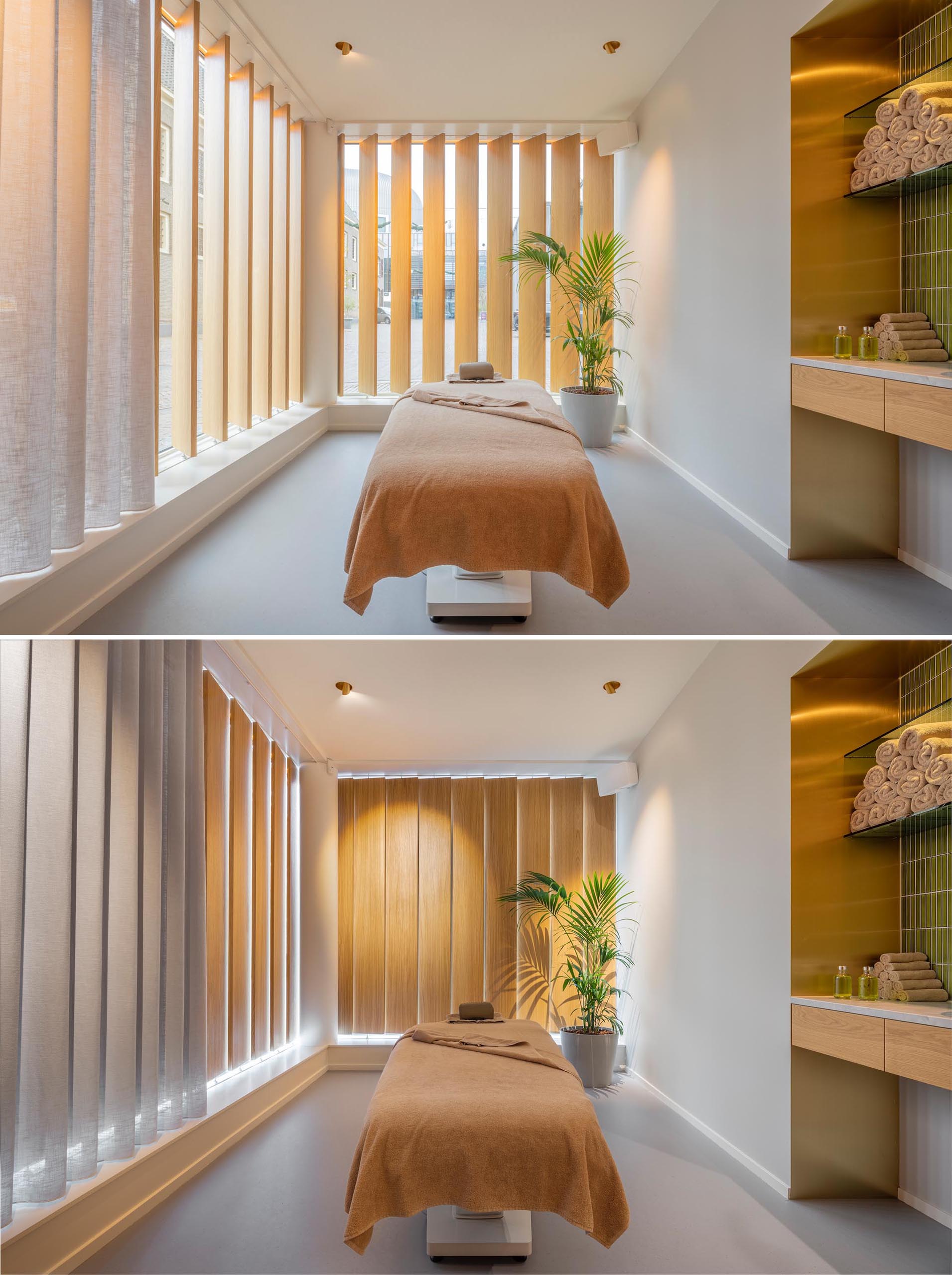 These private treatment rooms in a massage boutique feature floor-to-ceiling, pivoting oak lamellas that gently block the views from passers-by when they are closed. 