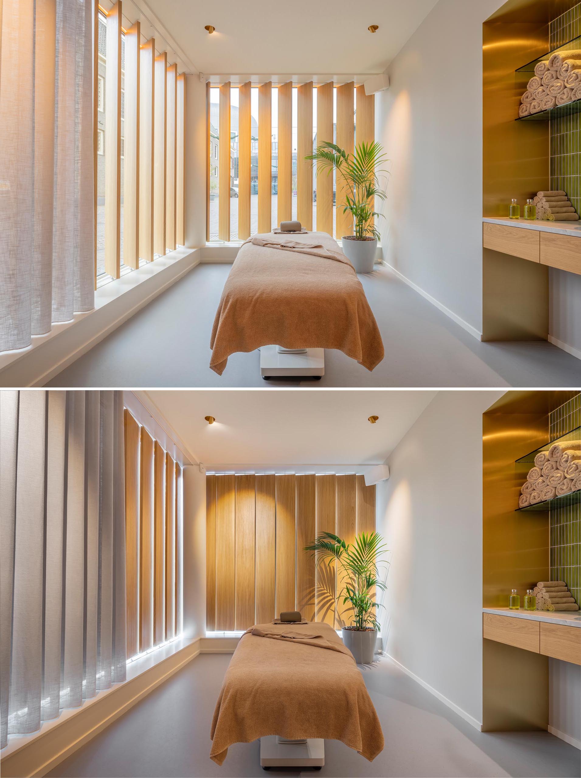 These private treatment rooms in a massage boutique feature floor-to-ceiling, pivoting oak lamellas that gently block the views from passers-by when they are closed.