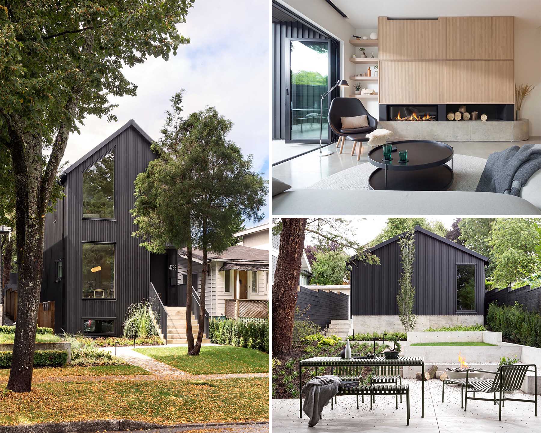 A modern tall and narrow house with a black exterior and an interior with light wood accents.
