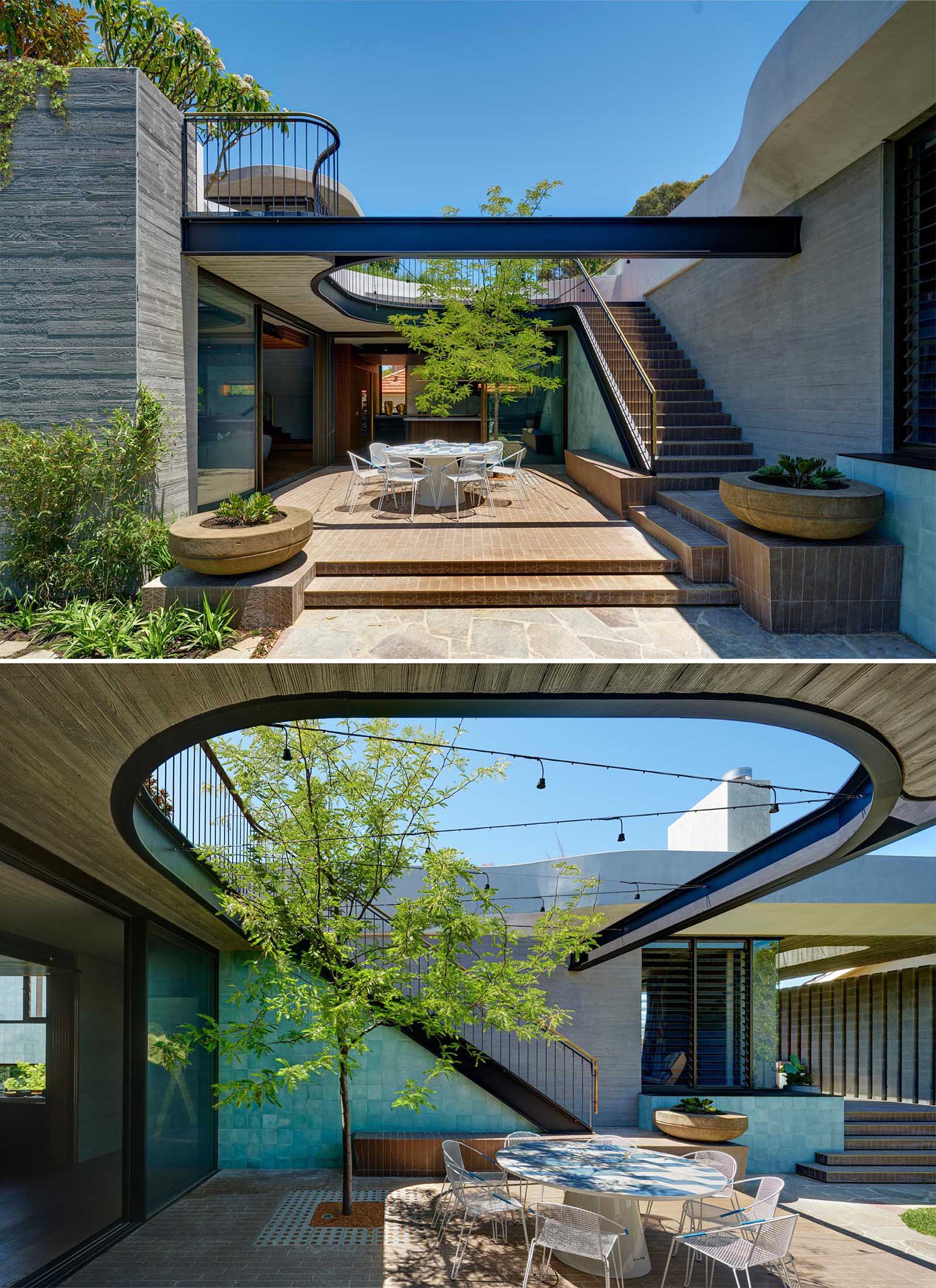 A modern house with a patio designed for outdoor eating.