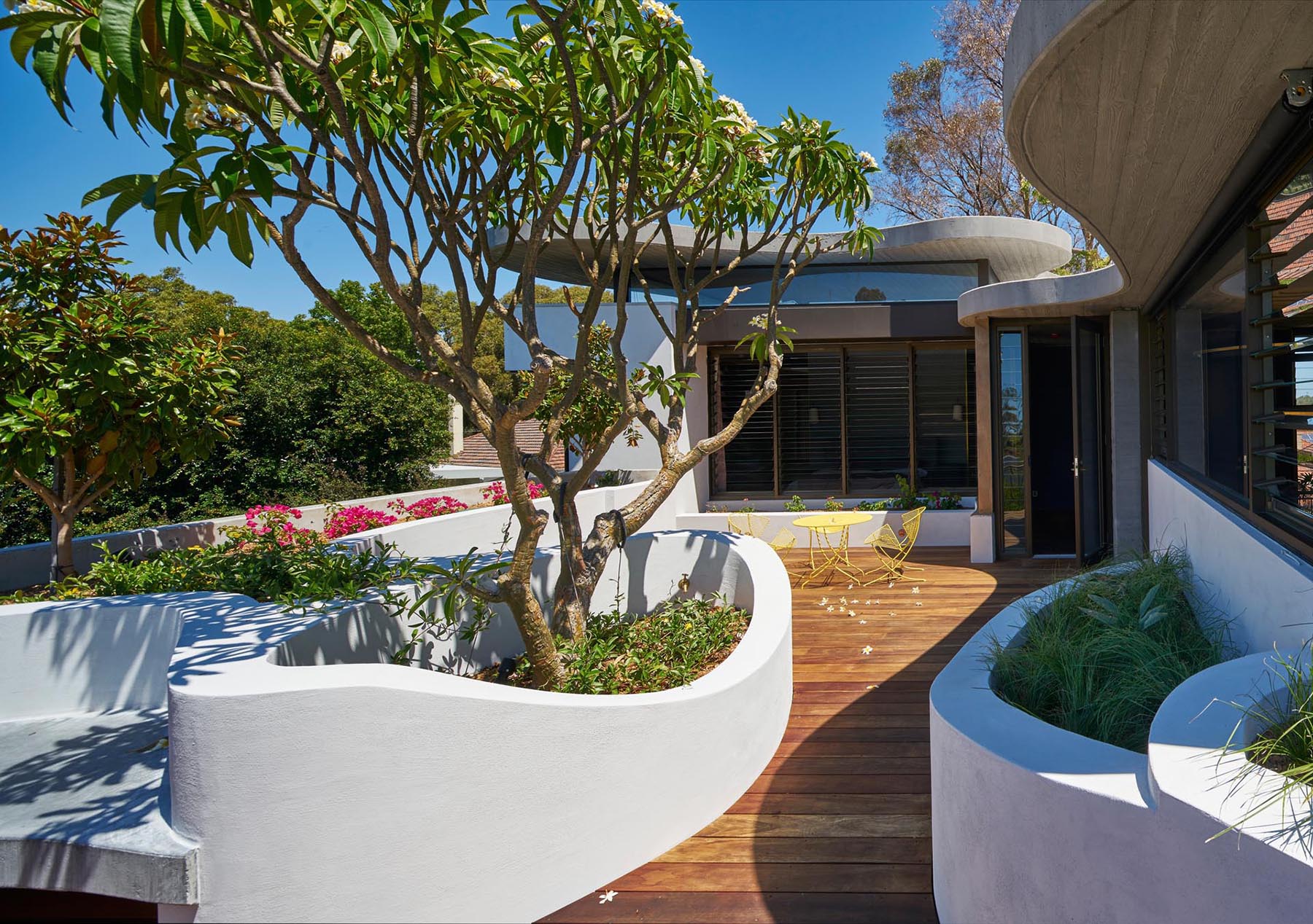 A modern rooftop deck with organically shaped planters that match the roof.