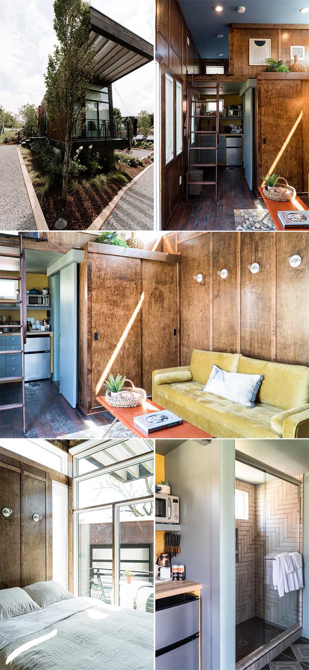 This tiny house has been designed with floor to ceiling wood paneled walls, a main bedroom with its own balcony, a full bathroom, and a small kitchenette.