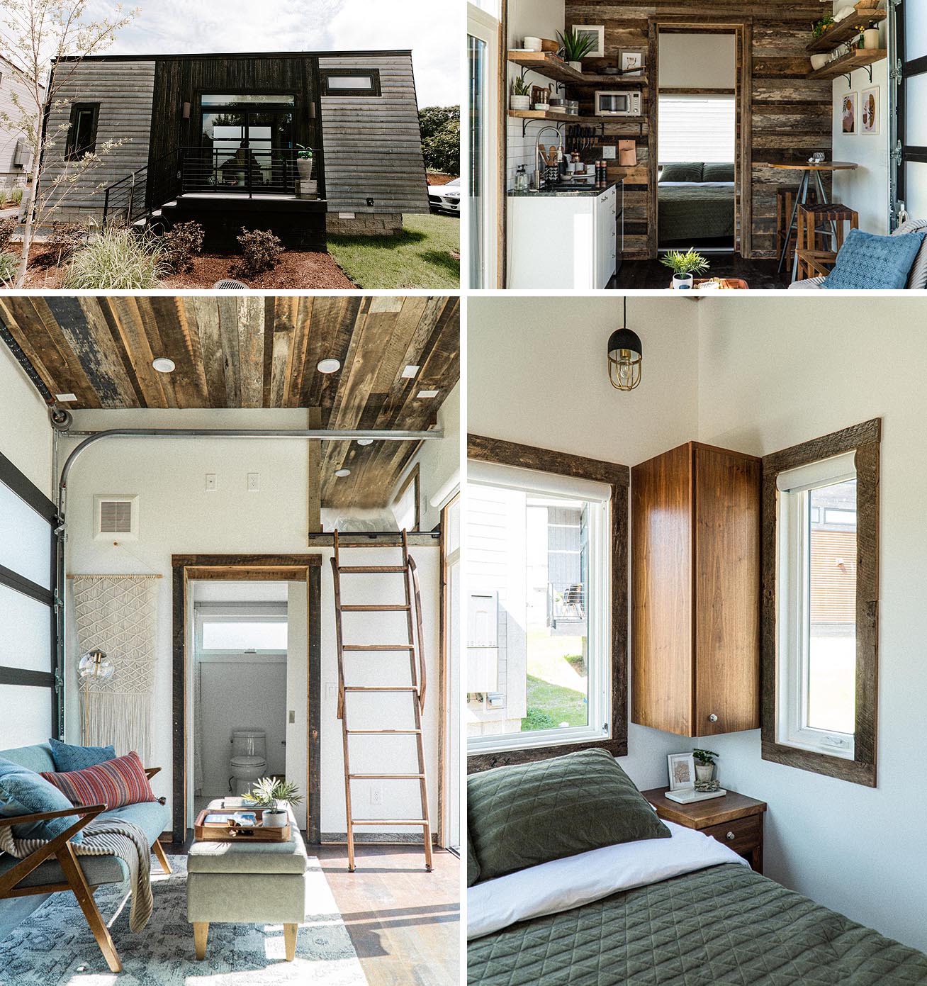 Measuring in at 250 square feet (23sqm), this tiny home includes barn wood detailing, a multi-functional open main room that includes a kitchenette, pub table, and living space.