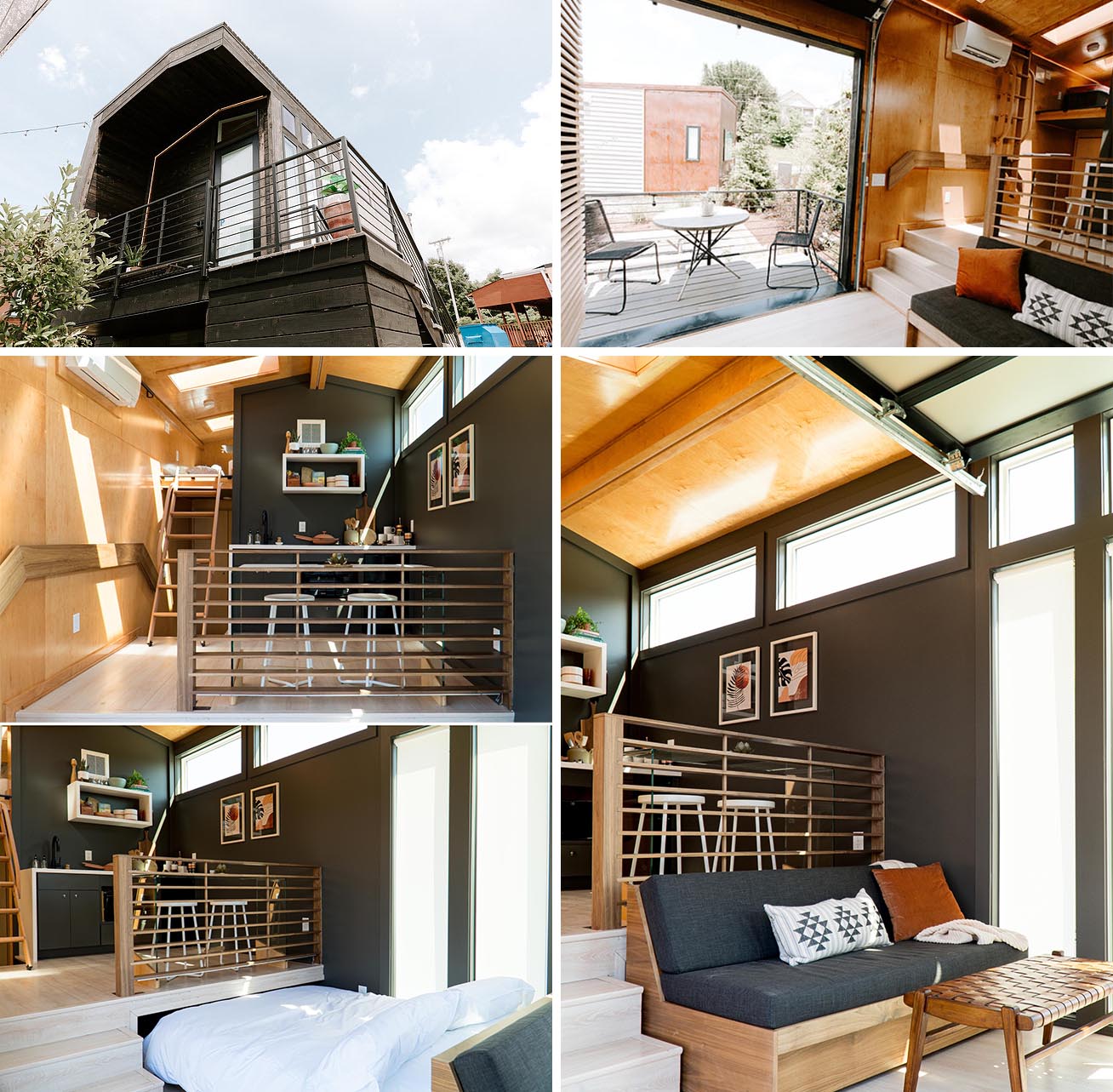 This modern tiny house includes a wood-lined interior, an operable garage door that opens to a deck, a kitchenette with bar seating, and a pull-out bed hidden behind the couch.