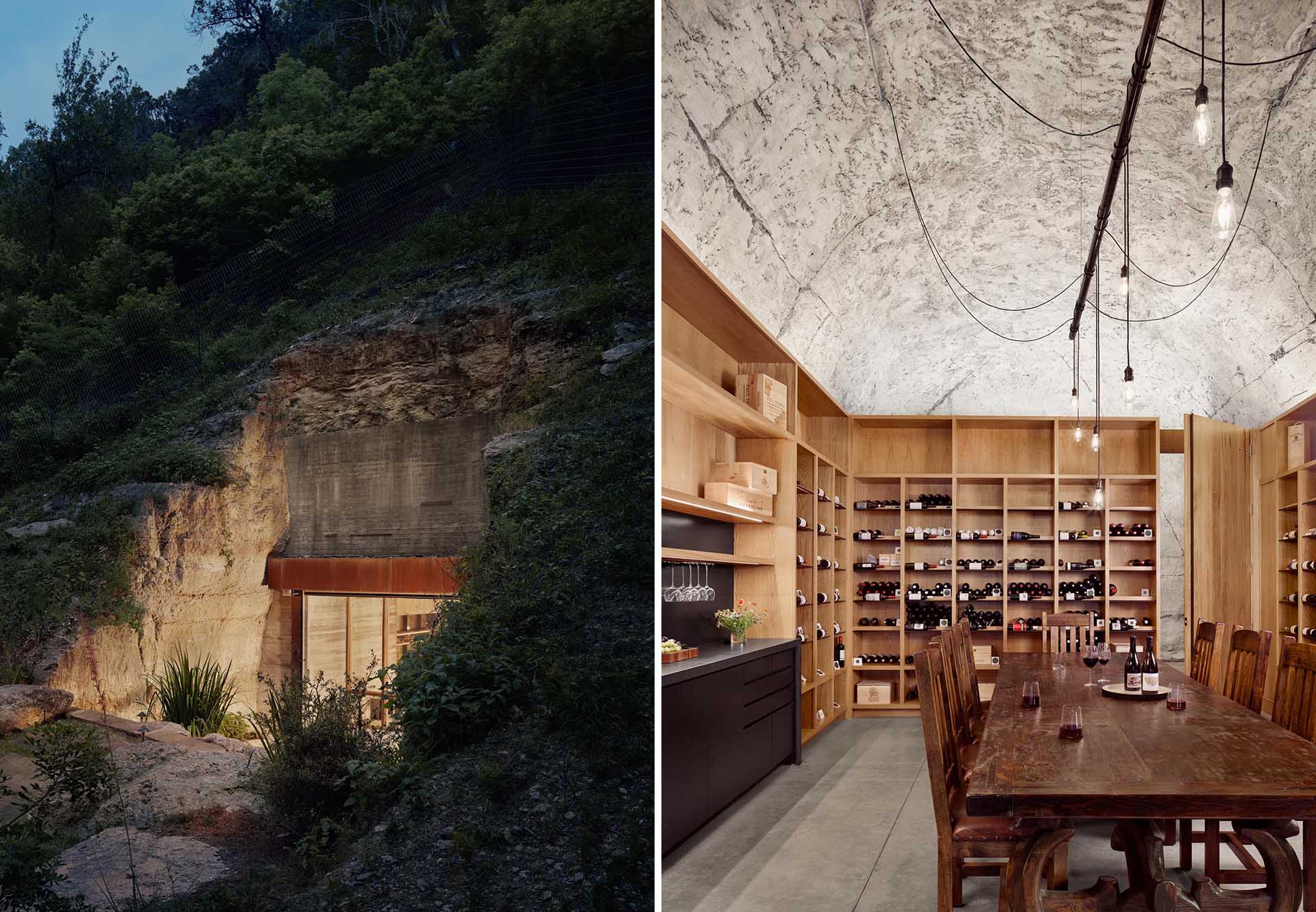 A private wine cave includes a tasting lounge, bar, wine cellar, and restroom.