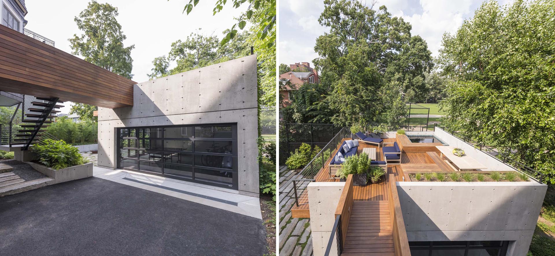 This modern rooftop deck above a garage includes custom built-in planters, a dining area with bench seating, a lounge area, and a custom hot tub.