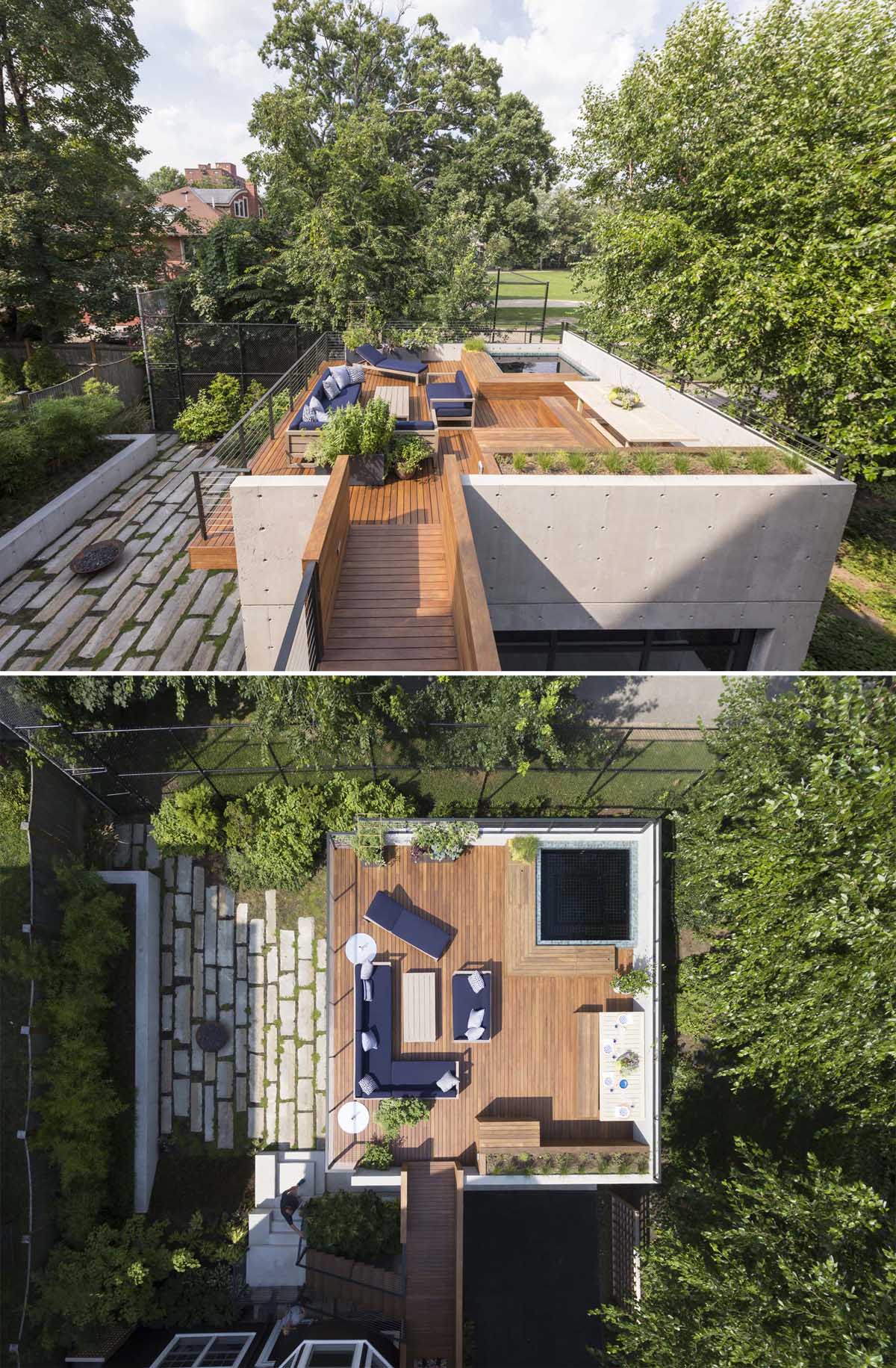 This garage rooftop deck, which is made from Ipe and is ideal for entertaining, includes custom built-in planters, a dining area with bench seating, and a lounge area.