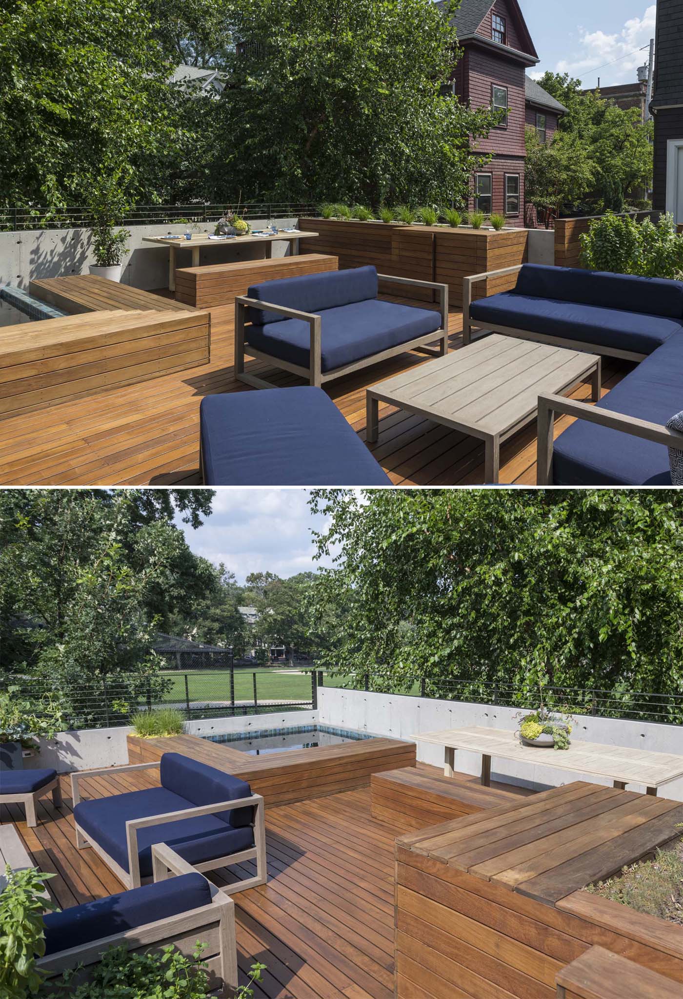 This rooftop deck includes custom built-in planters, a dining area with bench seating, a lounge area, and a custom hot tub.