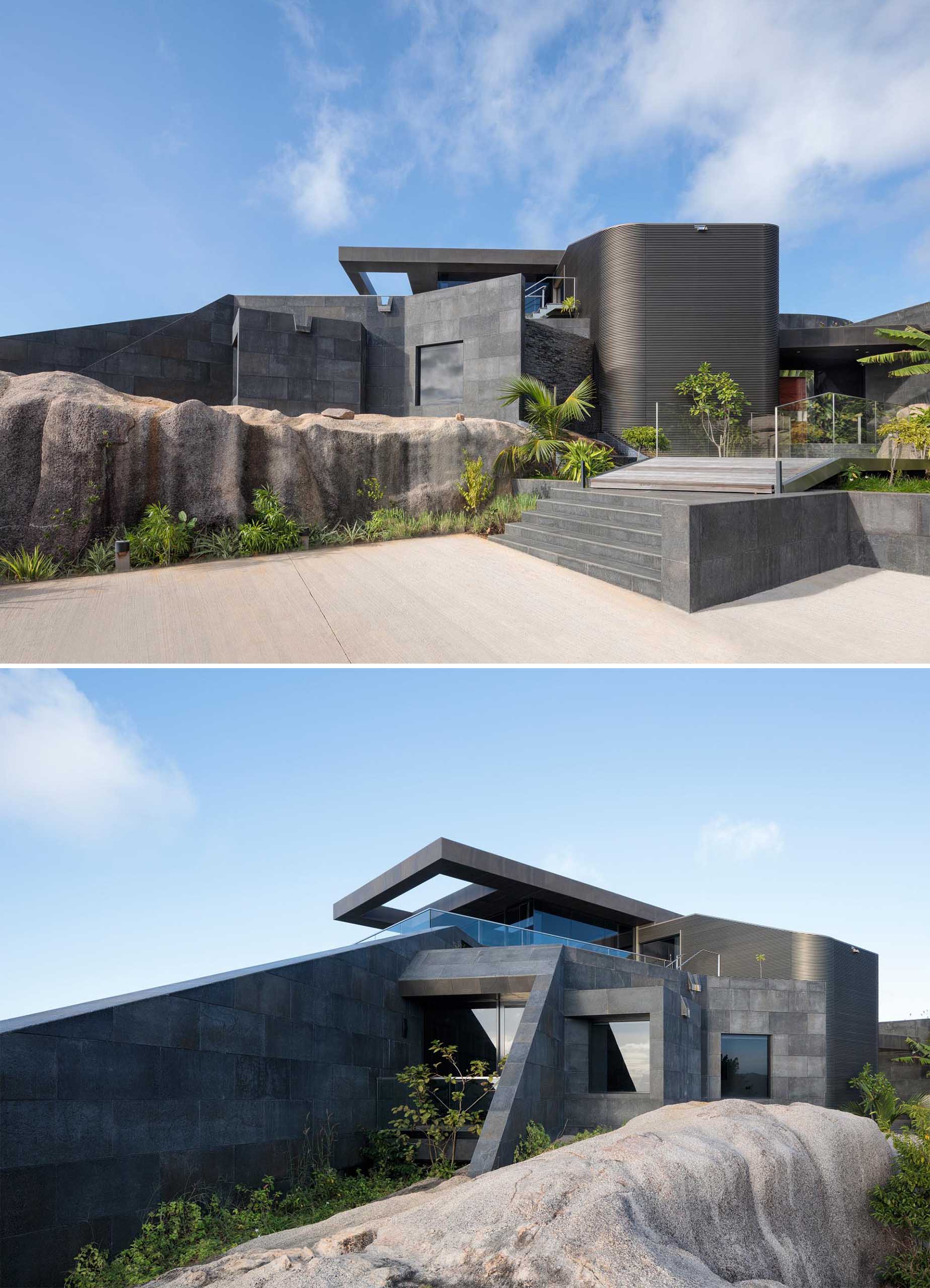 Rising from their surroundings as linear geometric forms, these modern homes rest on weathered granitic outcrops that are eye-catching elements of the local landscape.