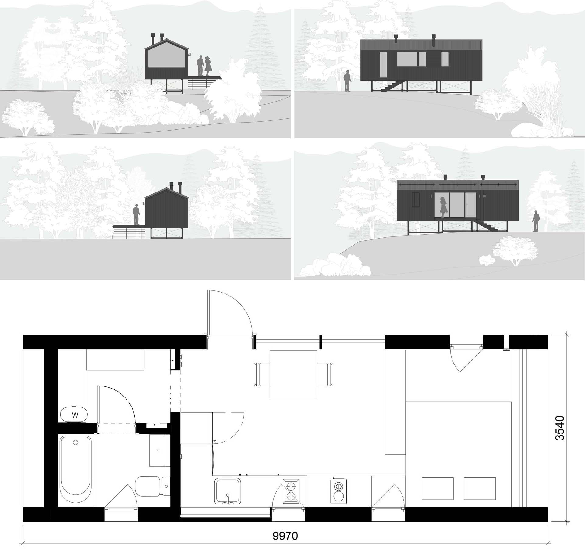 The sections and floor plan of a modern modular home.