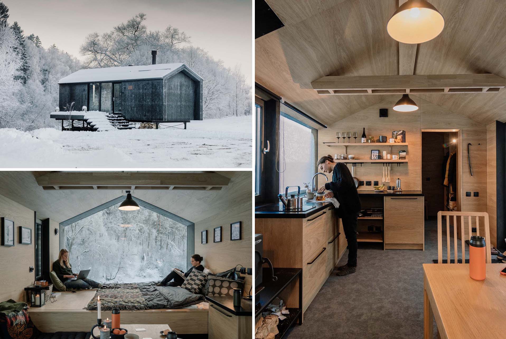 A modern and modular prefabricated home with a black exterior and oak lined interior.