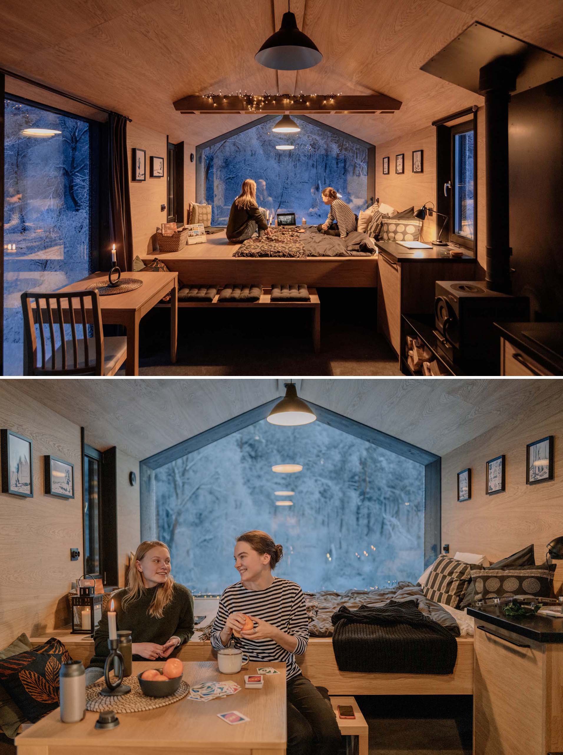 The open floor plan of this modular home has a raised bed by the picture window, while a bench acts as a step and a seat for the dining area.