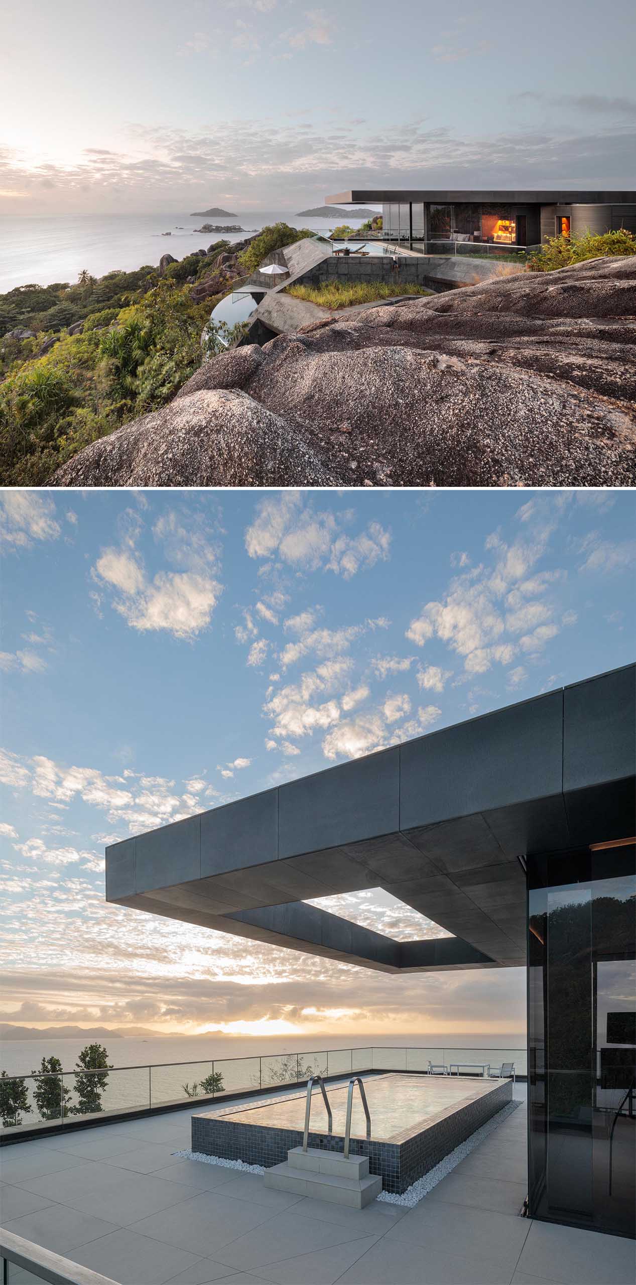 These modern houses are clad in black granite to complement the surrounding rock forms, and are designed in such a way that they capture the wind, using a ‘venturi’ effect to provide natural cooling.