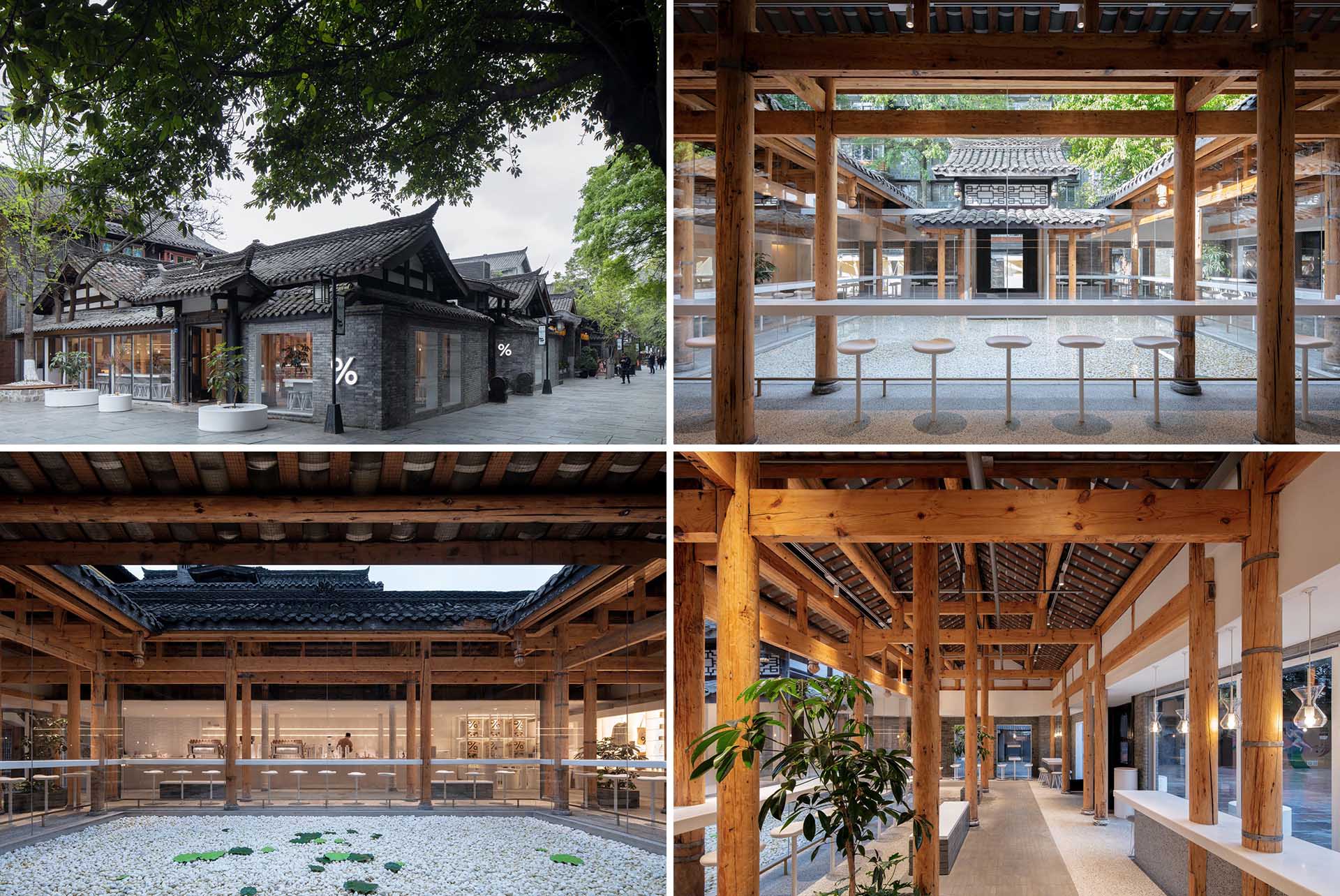 This modern coffee shop was built to respect the traditional western-Sichuan residential architecture that includes an interior courtyard.