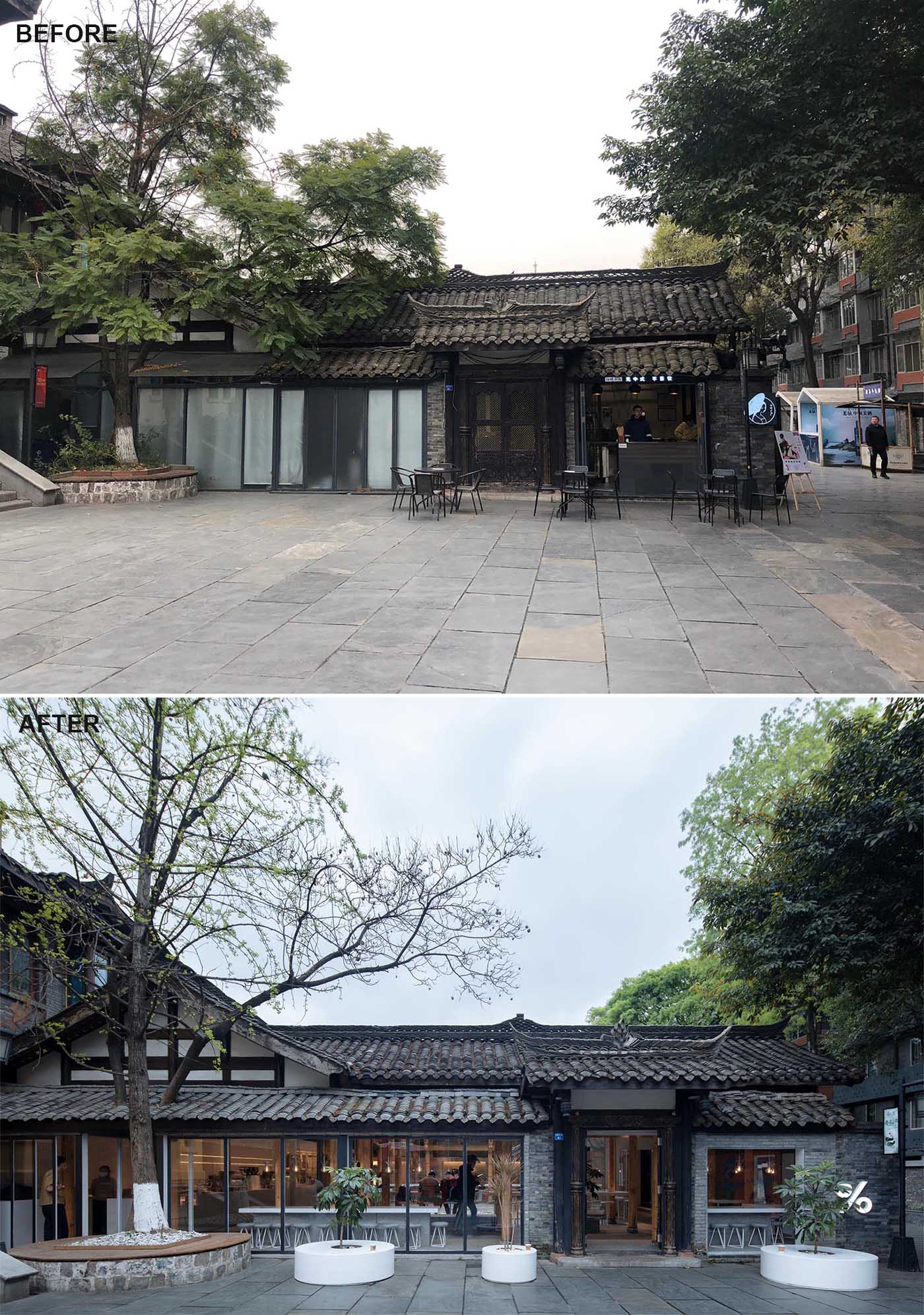 This modern coffee shop was built to respect the traditional western-Sichuan residential architecture that includes an interior courtyard.