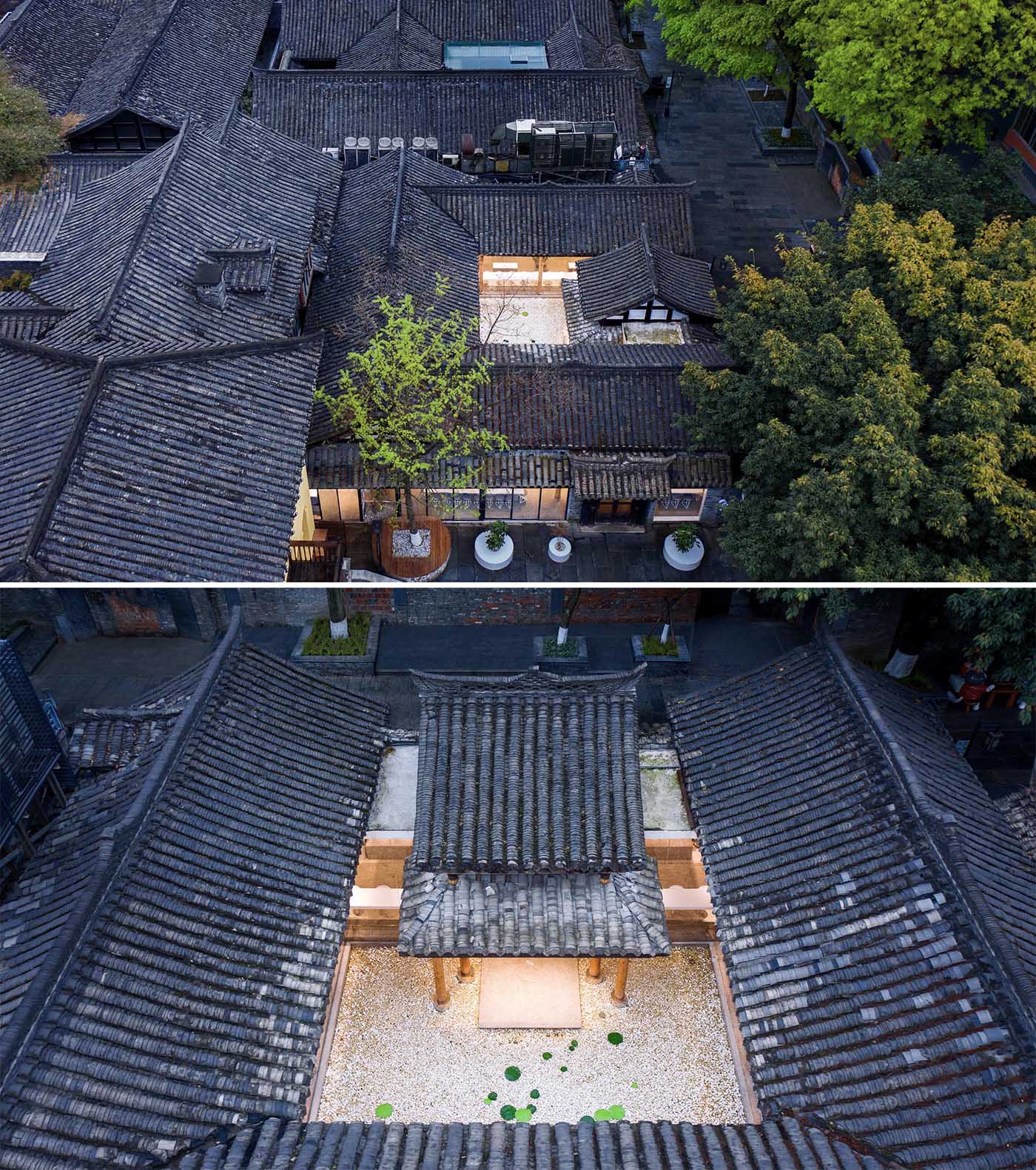 The one-entry courtyard house was originally a main room with a courtyard and surrounding rooms on the two sides. The transformation into a coffee shop kept the original design, with the cafe wrapping around the internal courtyard.