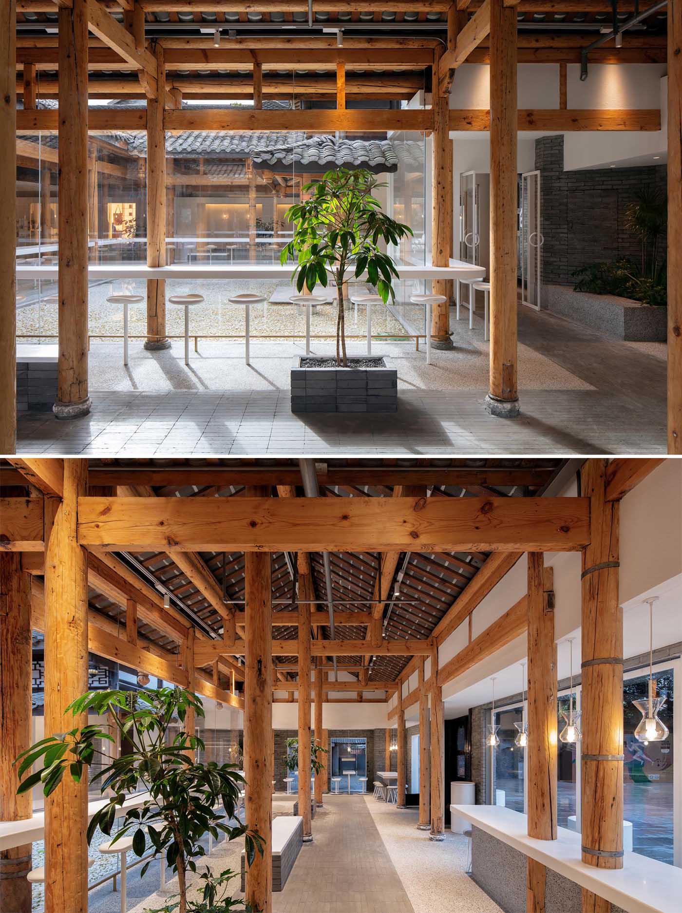 The structural wood elements and plants add a touch of nature to the light-filled interior.