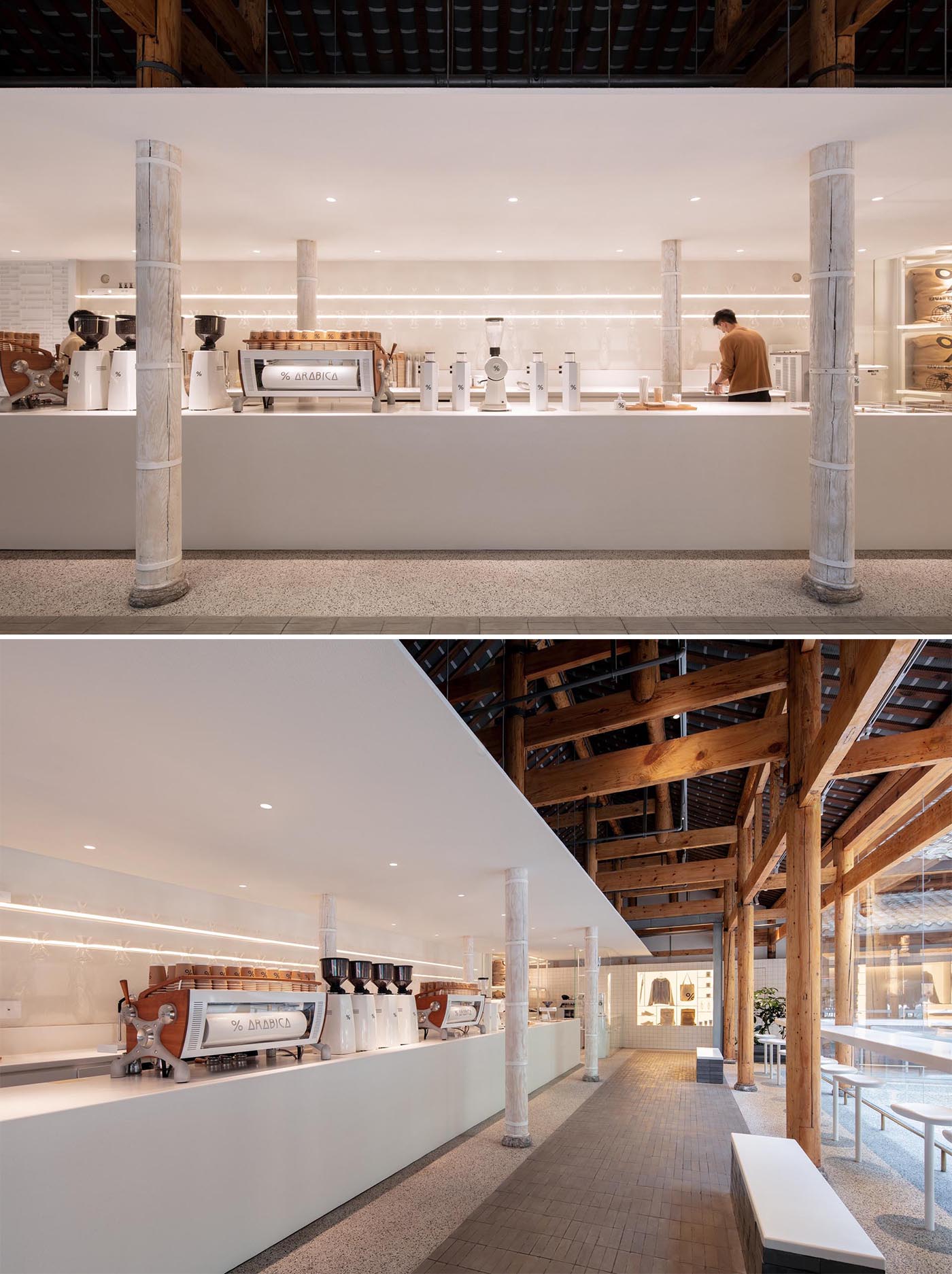 White was used to create a clean and minimalist look for this modern coffee shop.