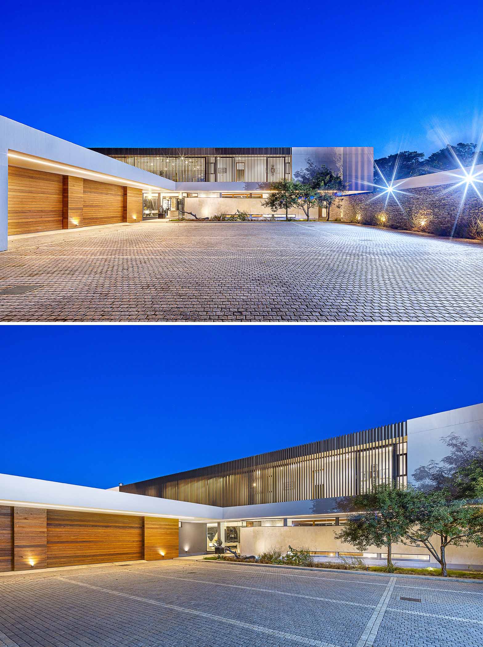 Upon arriving at the estate, people drive through a raw concrete and corten gatehouse and along a curved, tree lined avenue before passing under a low slung cantilevered canopy that opens up into an expansive parking court.