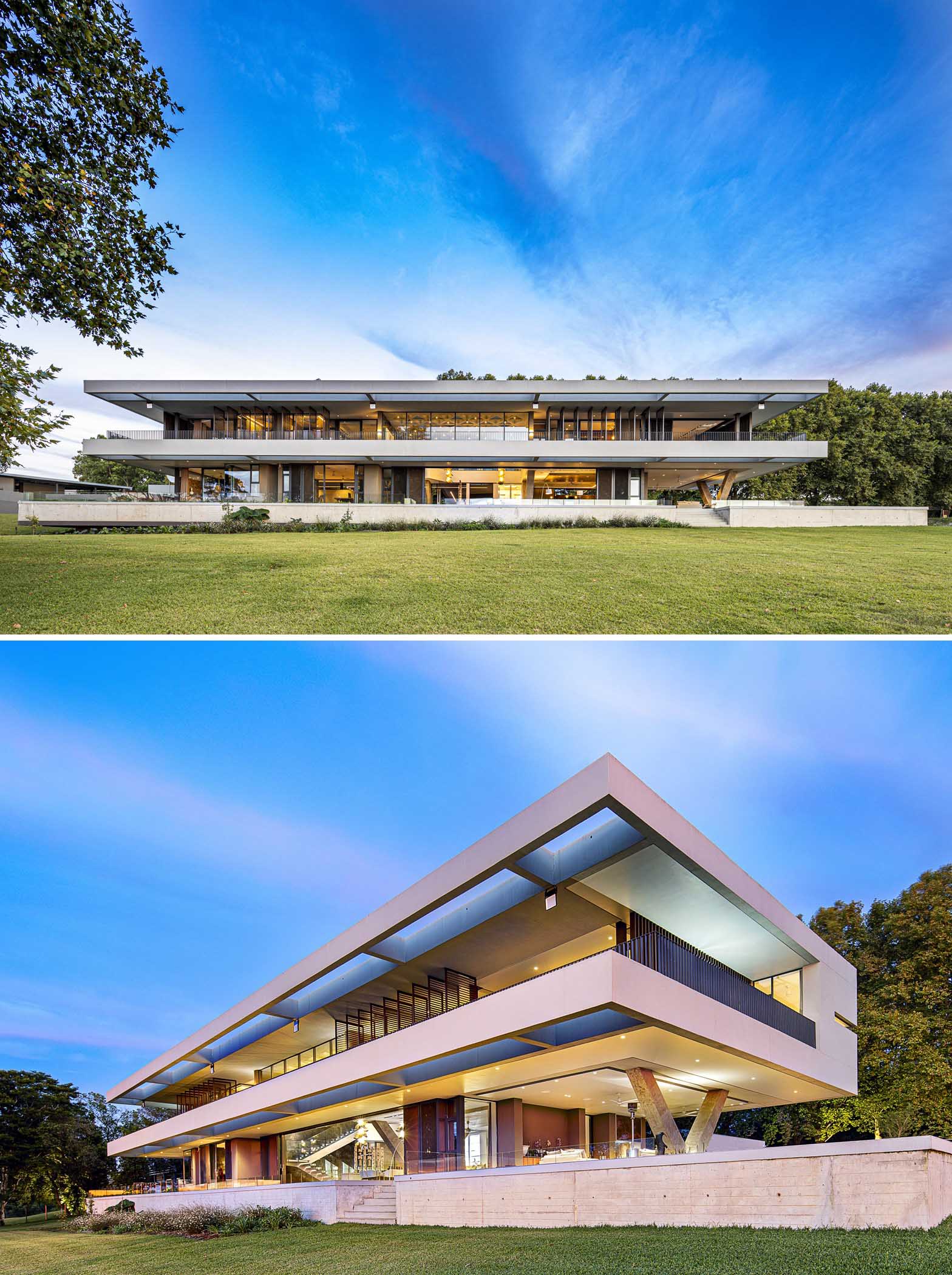 The design of this modern home takes on a simple arrangement of monolithic linear forms that project out across the vast manicured lawn and gently sloping paddocks.