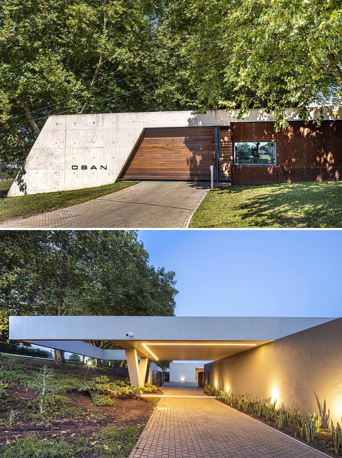 Upon arriving at this modern estate, people drive through a raw concrete and corten gatehouse.