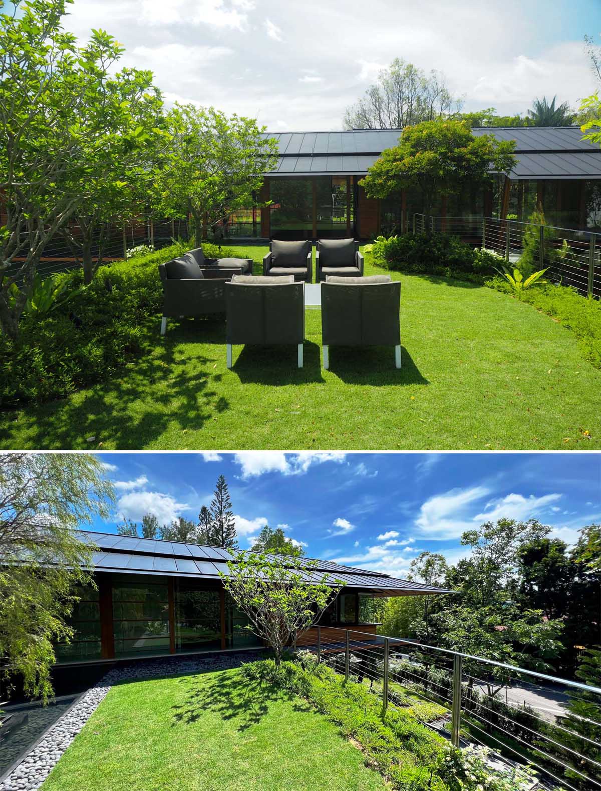 A modern house includes a roof garden with small shrubs, trees, lawn, and a seating area.