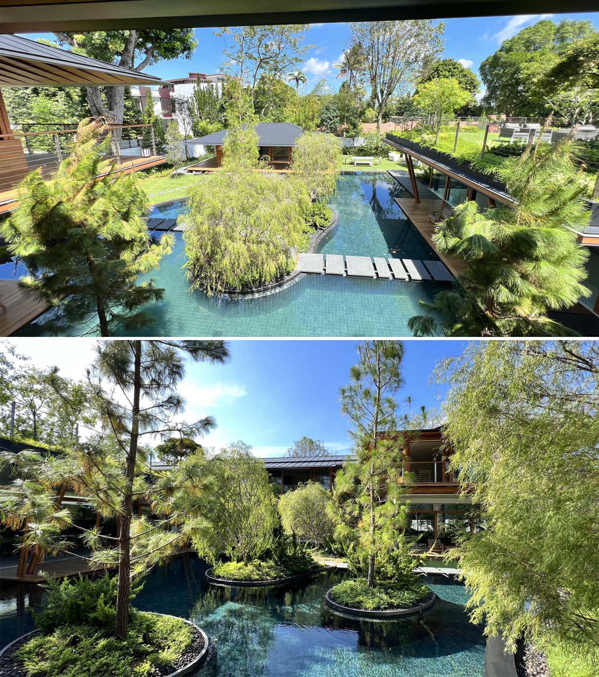 This expansive yard includes a landscaped water courtyard featuring small islands filled with plants.