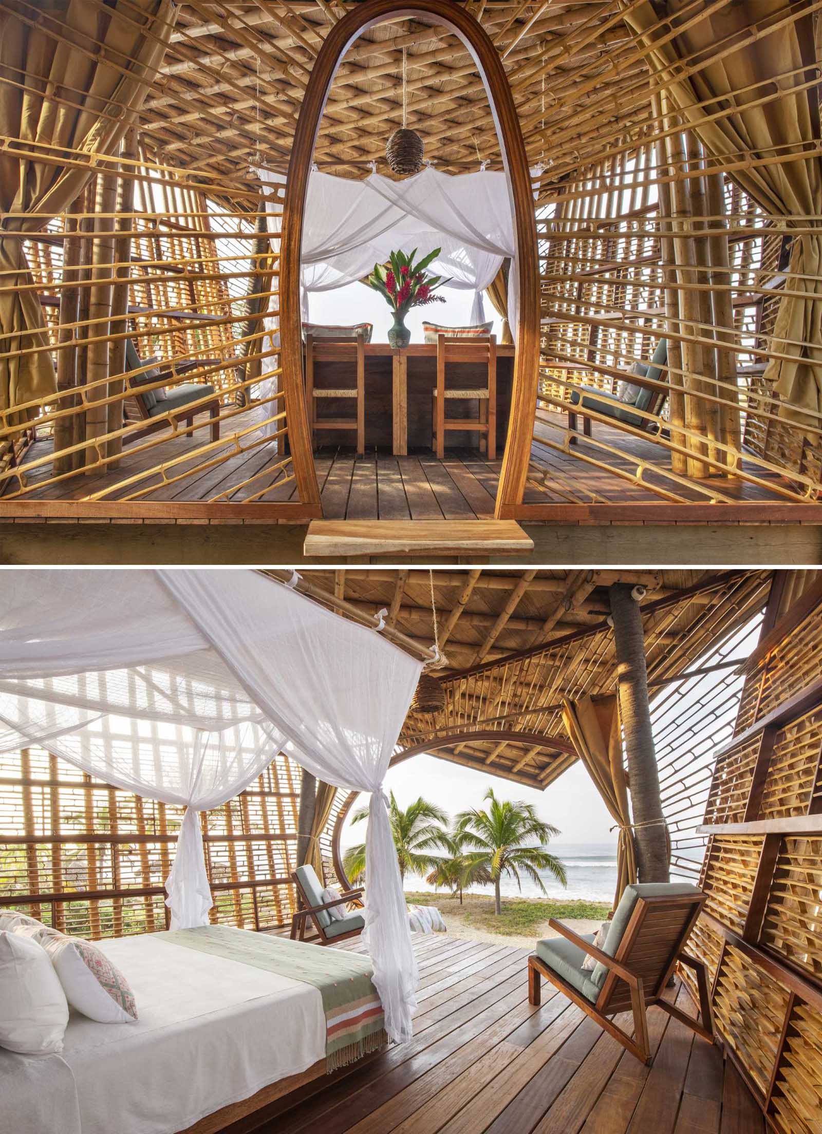A modern bamboo treehouse with a bedroom, bathroom, and lounge.