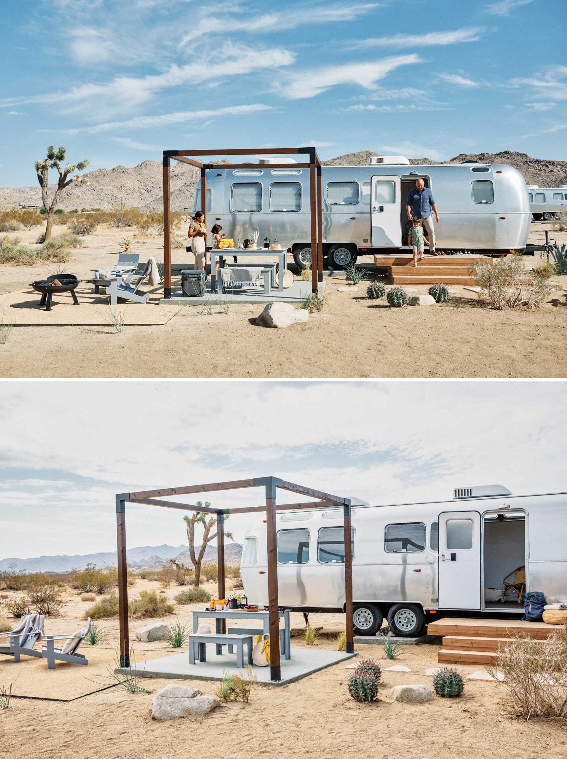 An Airstream located in the desert includes an outdoor dining area, a small seating area with a firepit, and wood stairs that lead to the Airstream entrance.