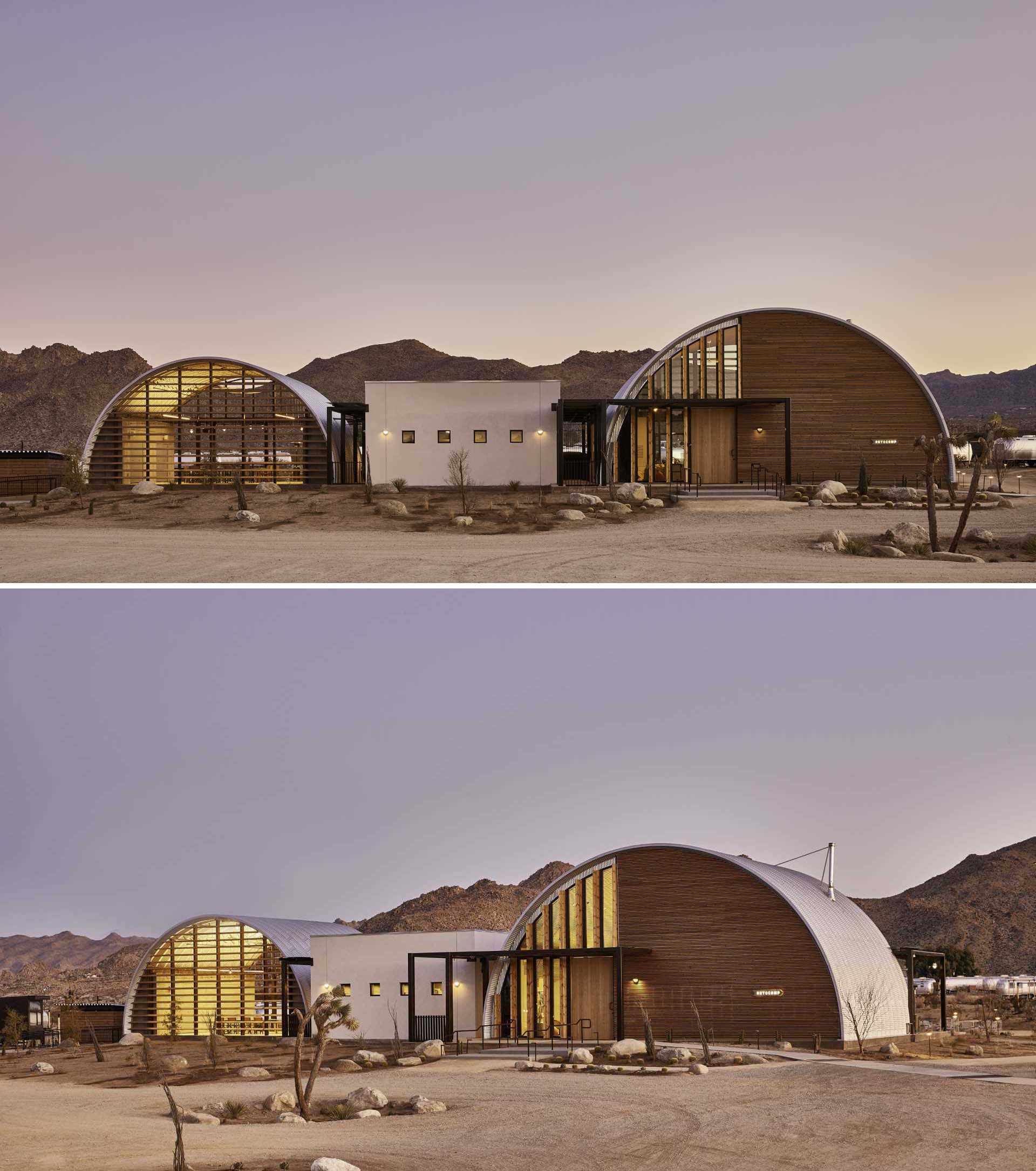 The Clubhouse at Joshua Tree, is a modern take on traditional Quonset Huts, is a nod to the eclectic nature of the town in which it resides, and includes clean mid-century modern details.