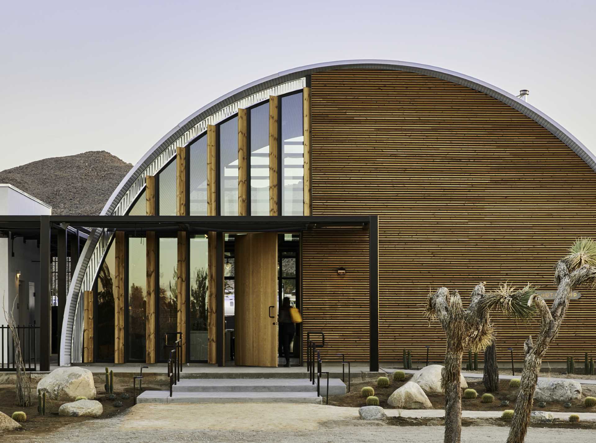 Atuocamp Joshua Tree Clubhouse includes ultra-low use water plants, dark-sky compliant lighting to preserve nighttime stargazing, landscaping that features native plants and subtle rock formations