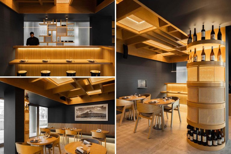 Wood And LED Lighting Create A Warm Glow In Contrast To The Dark Background In This Restaurant