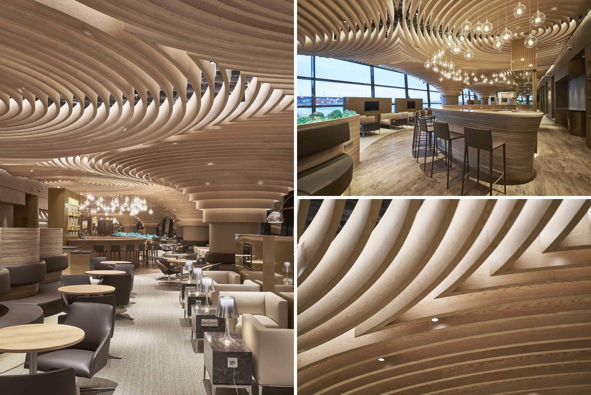 An airport lounge with circular wood design elements on the ceiling.