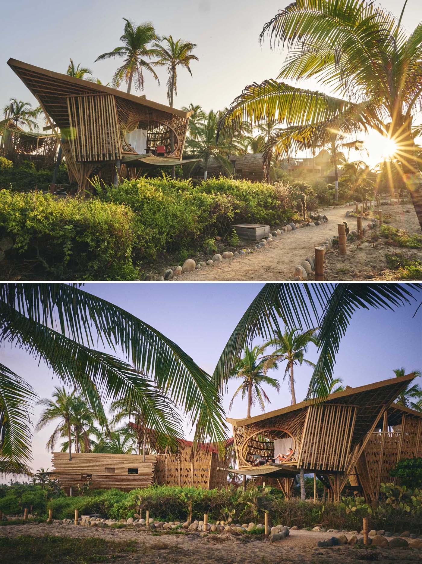 These modern bamboo  treehouses have large roof eaves that act like a big umbrella, providing shade for the strong heat of the sun and protection from heavy rains, while the facade louvers allow for natural cross ventilation.