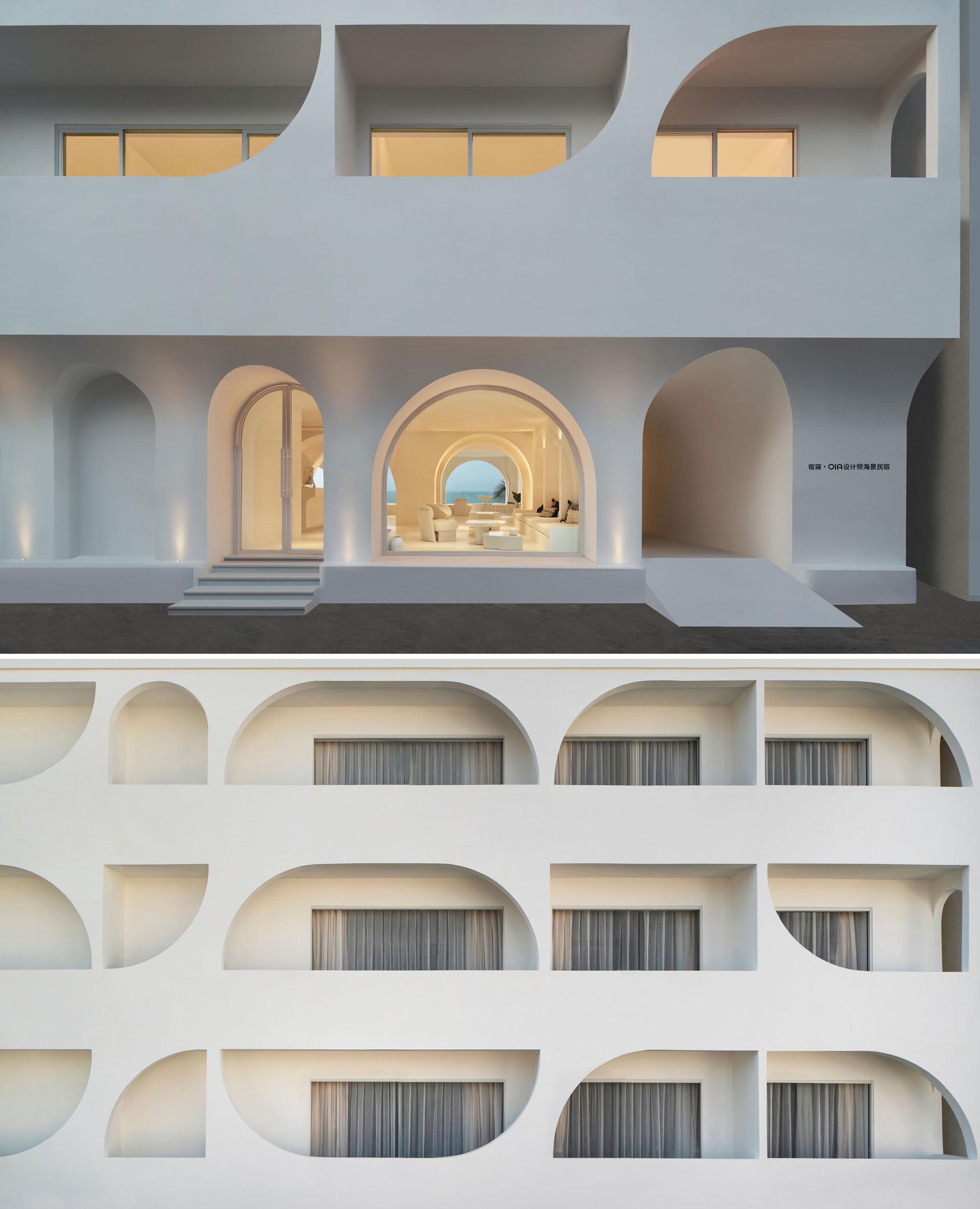 This modern hotel rests right on the beachfront, and showcases differently sized arches, glass railings, and a minimalist exterior with a white finish.