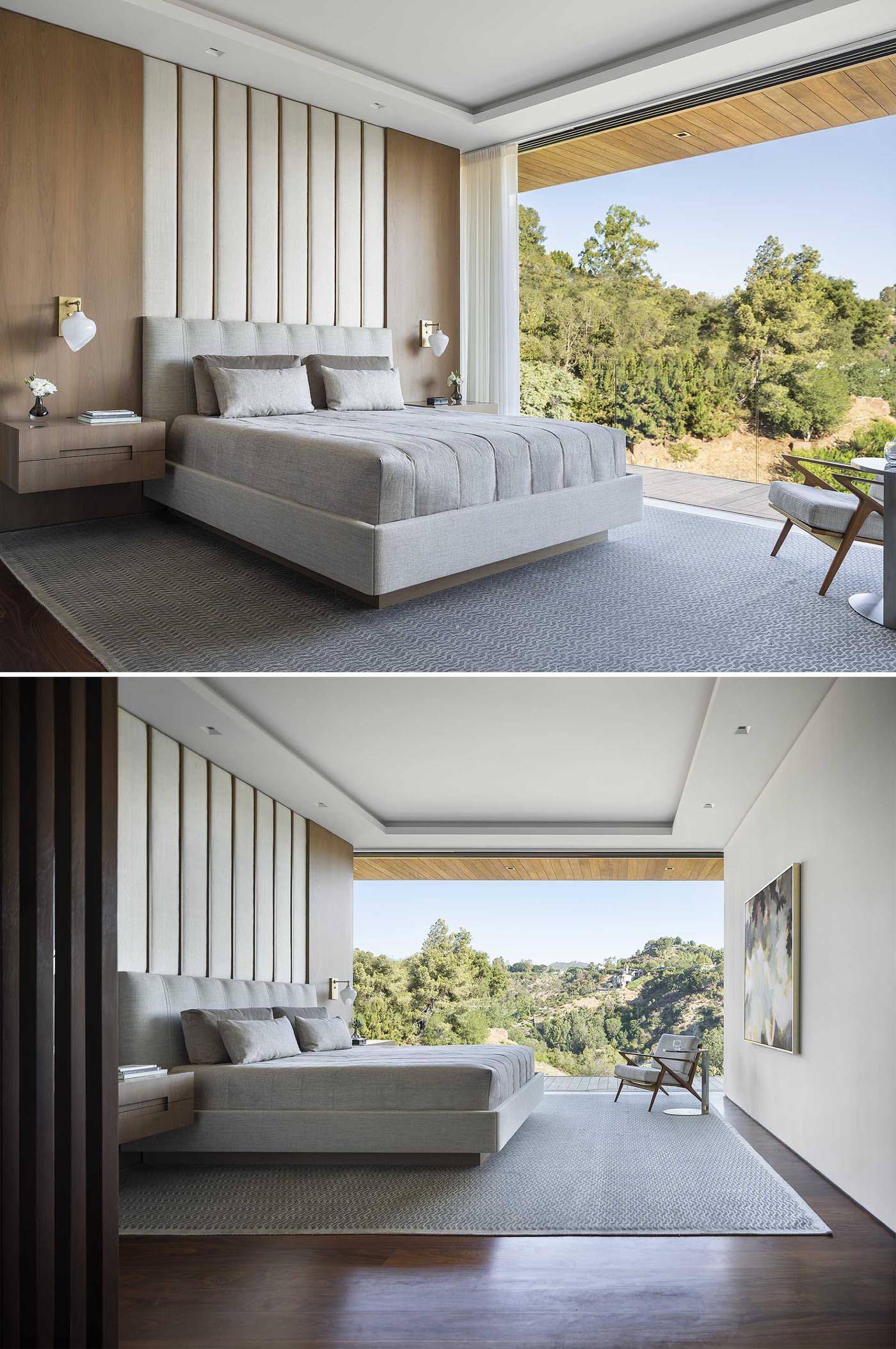 This modern primary bedroom has an accent wall made from wood and upholstered sections. Sliding doors open the bedroom to the patio outside.