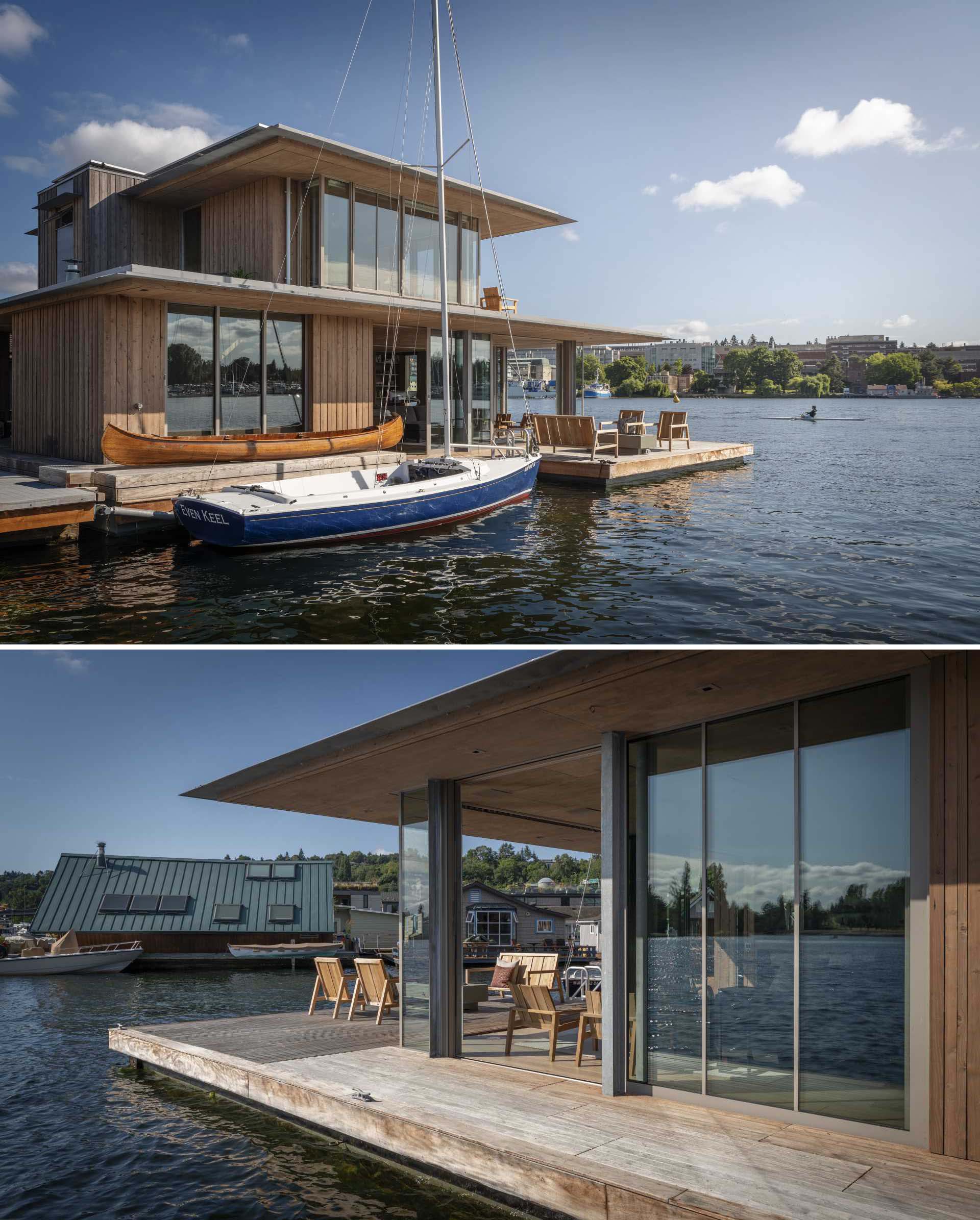 This modern floathome includes a galvanized steel structure that supports generous roof planes and walls of windows that open to 180-degree views and blur the boundaries between indoor and outdoor spaces.