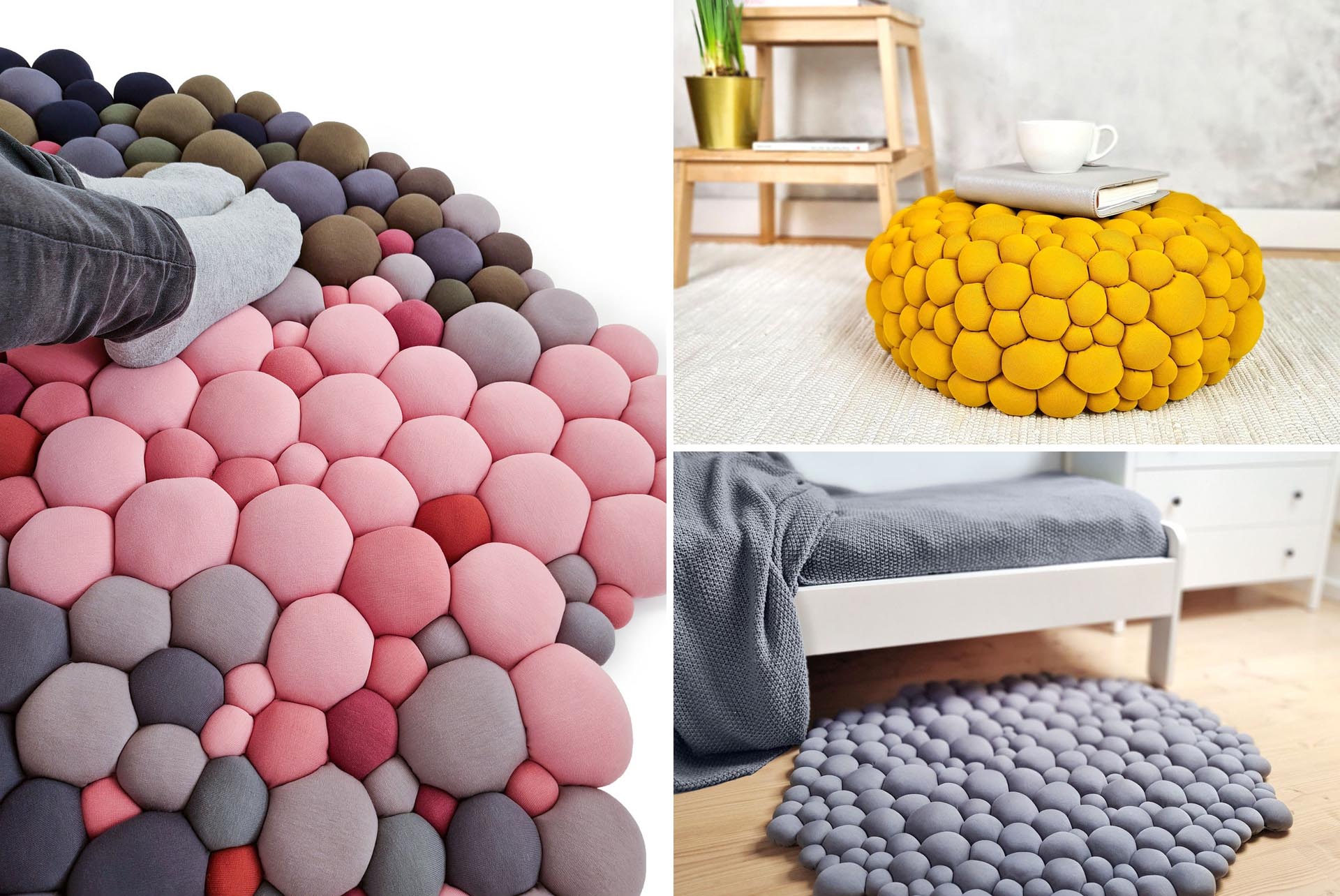A collection of modern home decor pieces like ottomans and rugs, whose design is inspired by stones.