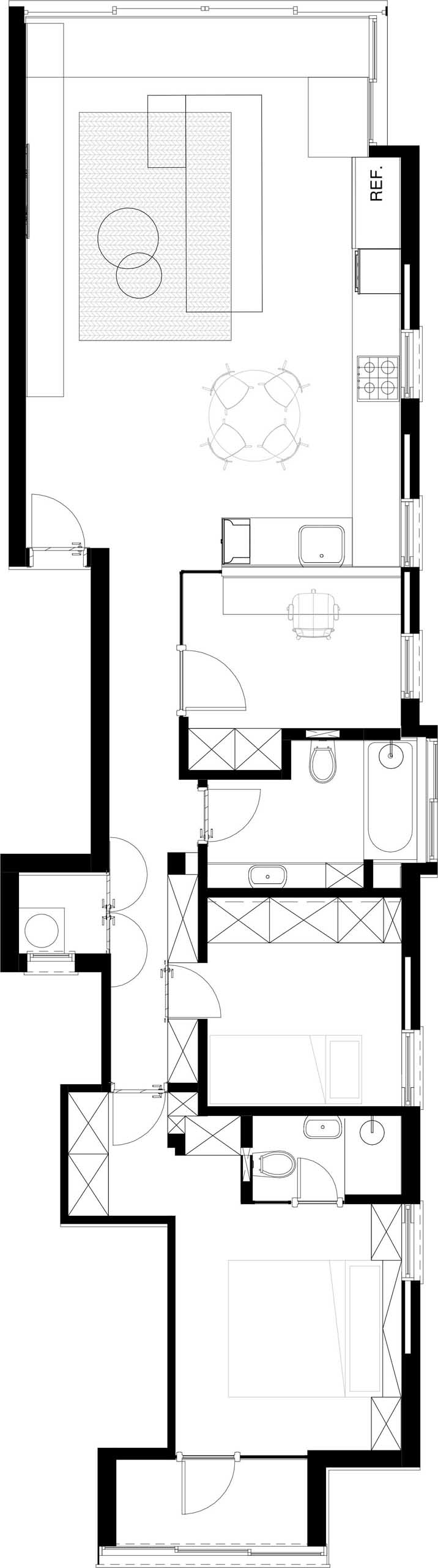 The floor plan of a modern apartment with a home office and two bedrooms.