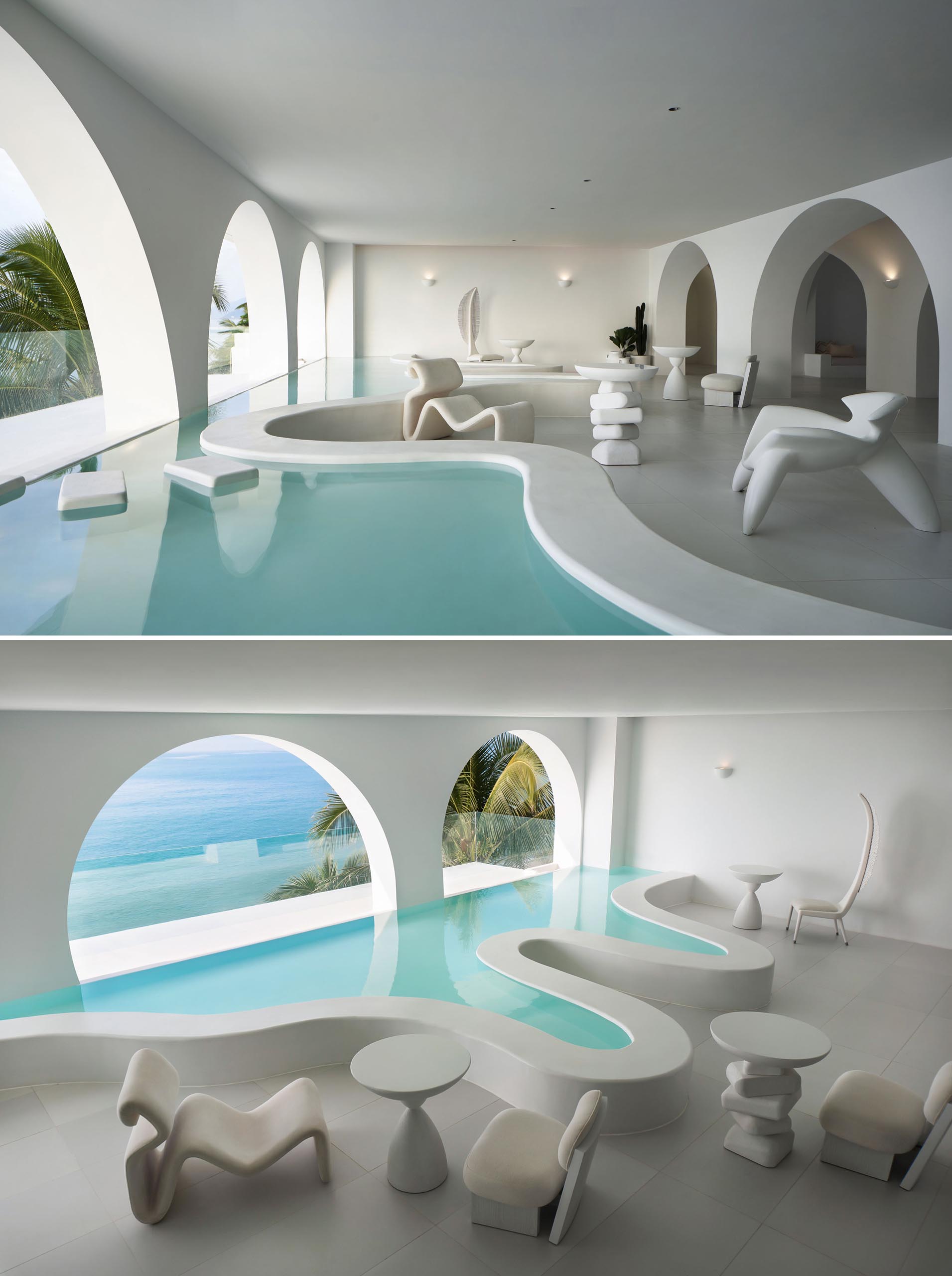 A modern hotel lounge with a shallow water feature inspired by the winding coastline.