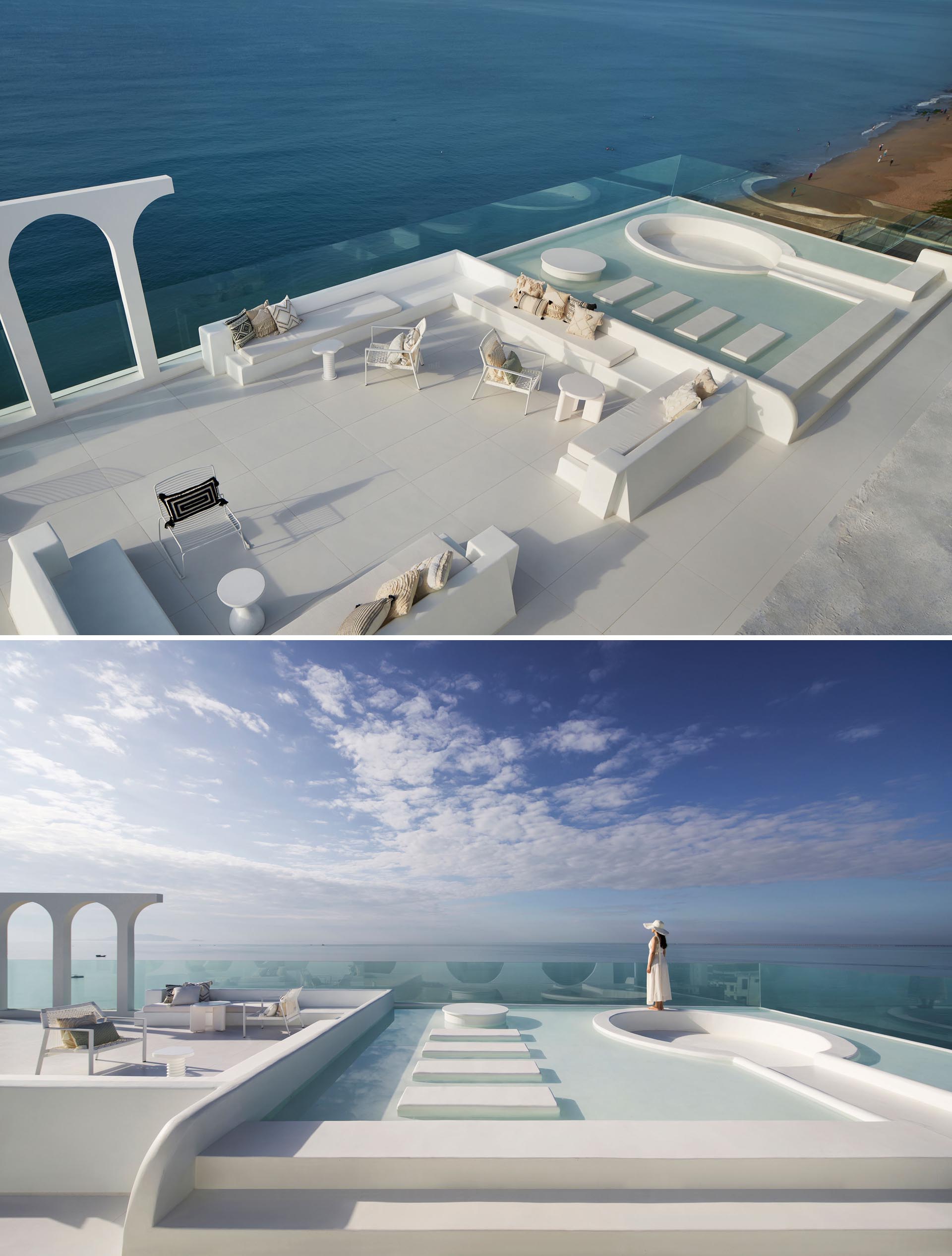 A modern hotel rooftop lounge includes a shallow water feature, stone steps, a sunken seating area, built-in seating, and an arch installation for the perfect spot for photographs.