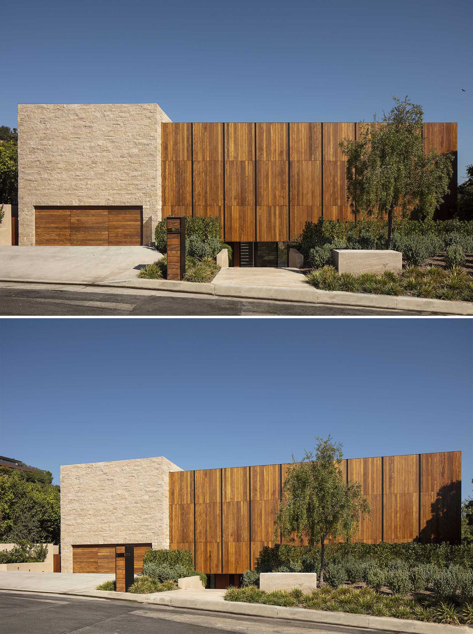 The design of the house is composed of two vertical and horizontal volumes on a stone limestone plinth, rooted into the rugged hillside.