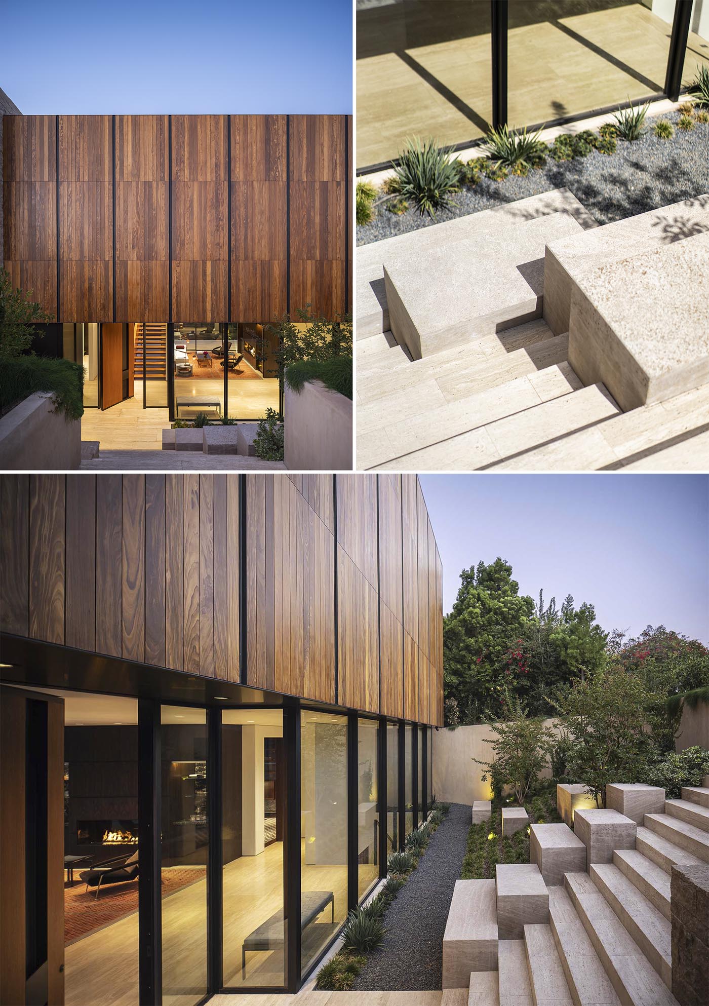 This modern home has been clad in vertically slatted Afromosia wood and split-face Limestone, and include drought tolerant plants.